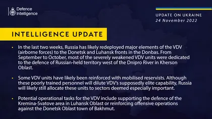 British Defence Intelligence Update Ukraine – 24 November 2022