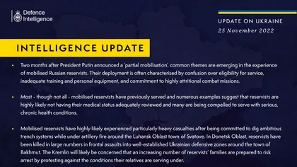 British Defence Intelligence Update Ukraine – 25 November 2022