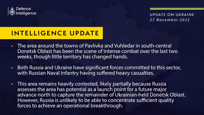 British Defence Intelligence Update Ukraine – 27 November 2022