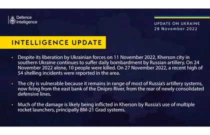 British Defence Intelligence Update Ukraine – 28 November 2022