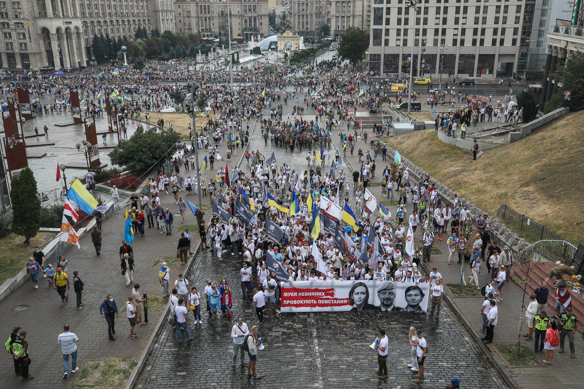 Ukrainian veterans and activists participate in the March of Defenders of Ukraine, an event that celebrated Ukraine&#8217;s Independence Day in Kyiv on Aug. 24, 2020.