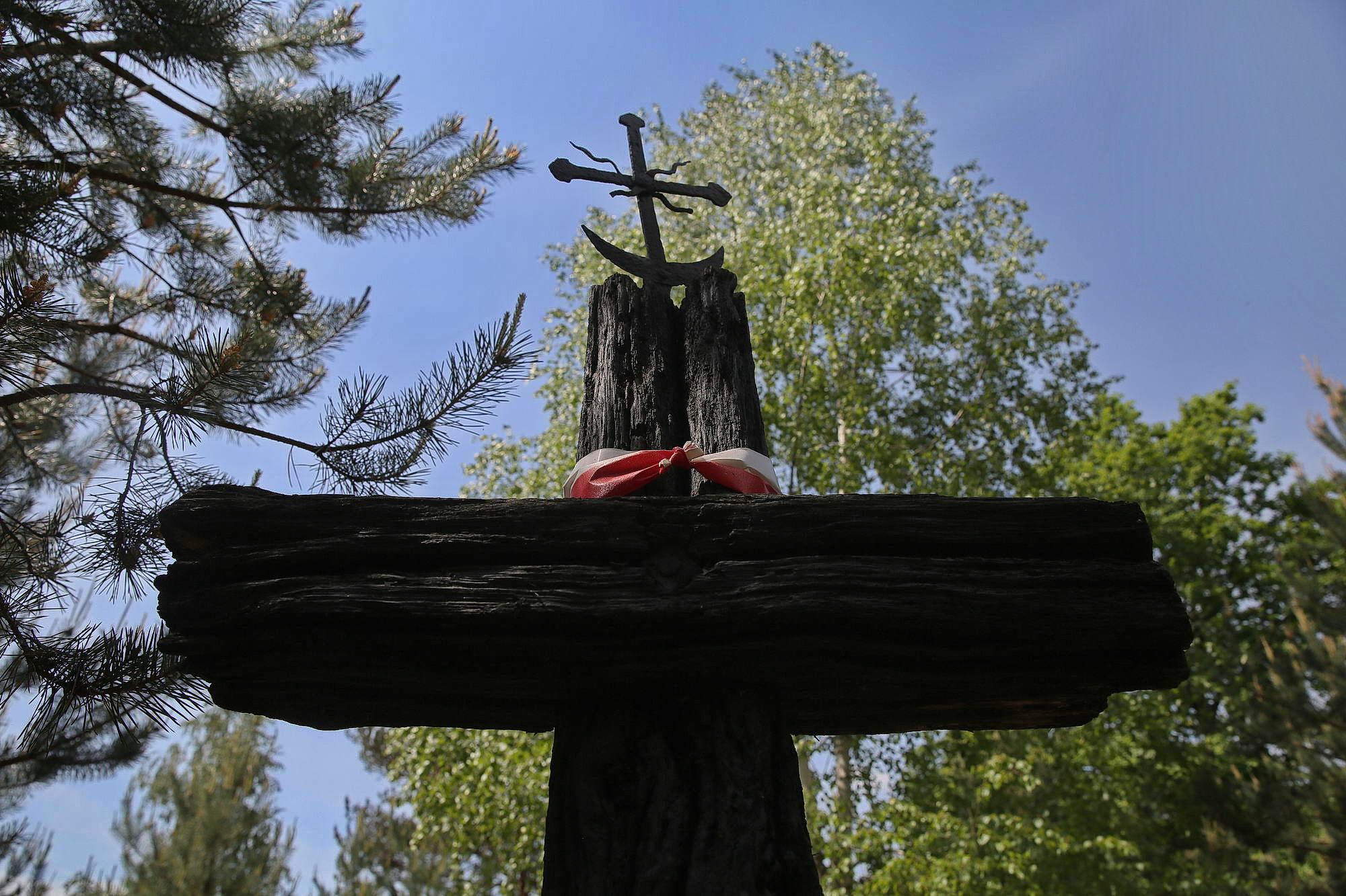 A wooden cross at a Polish cemetary by the village of Sokil in Volyn Oblast.