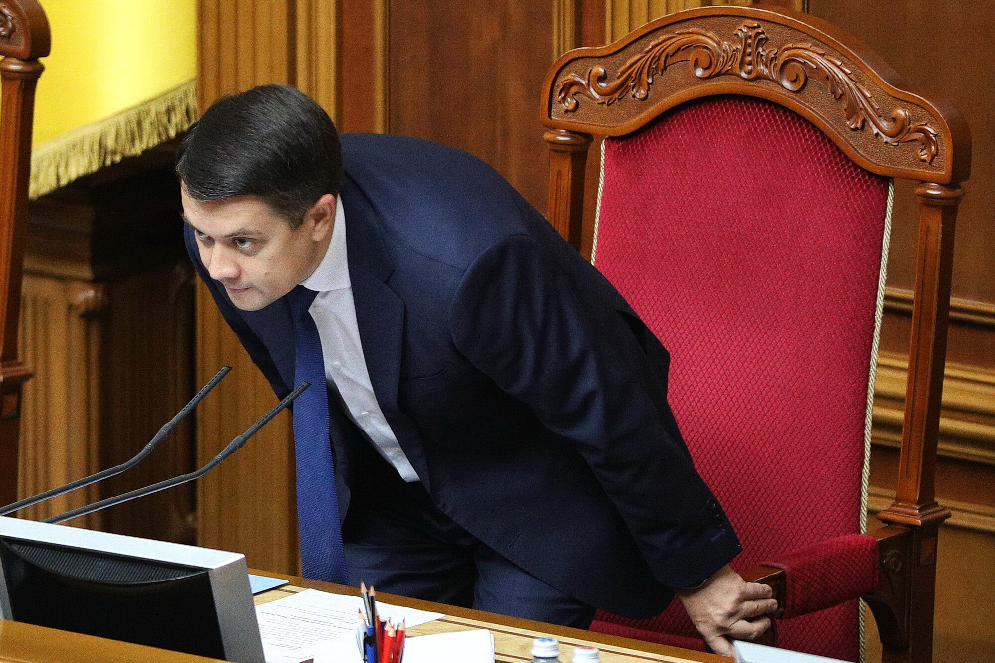 Speaker of Parliament Dmytro Razumkov on Oct. 7, 2021 at the Ukrainian parliament session before voting for his dismissal. 