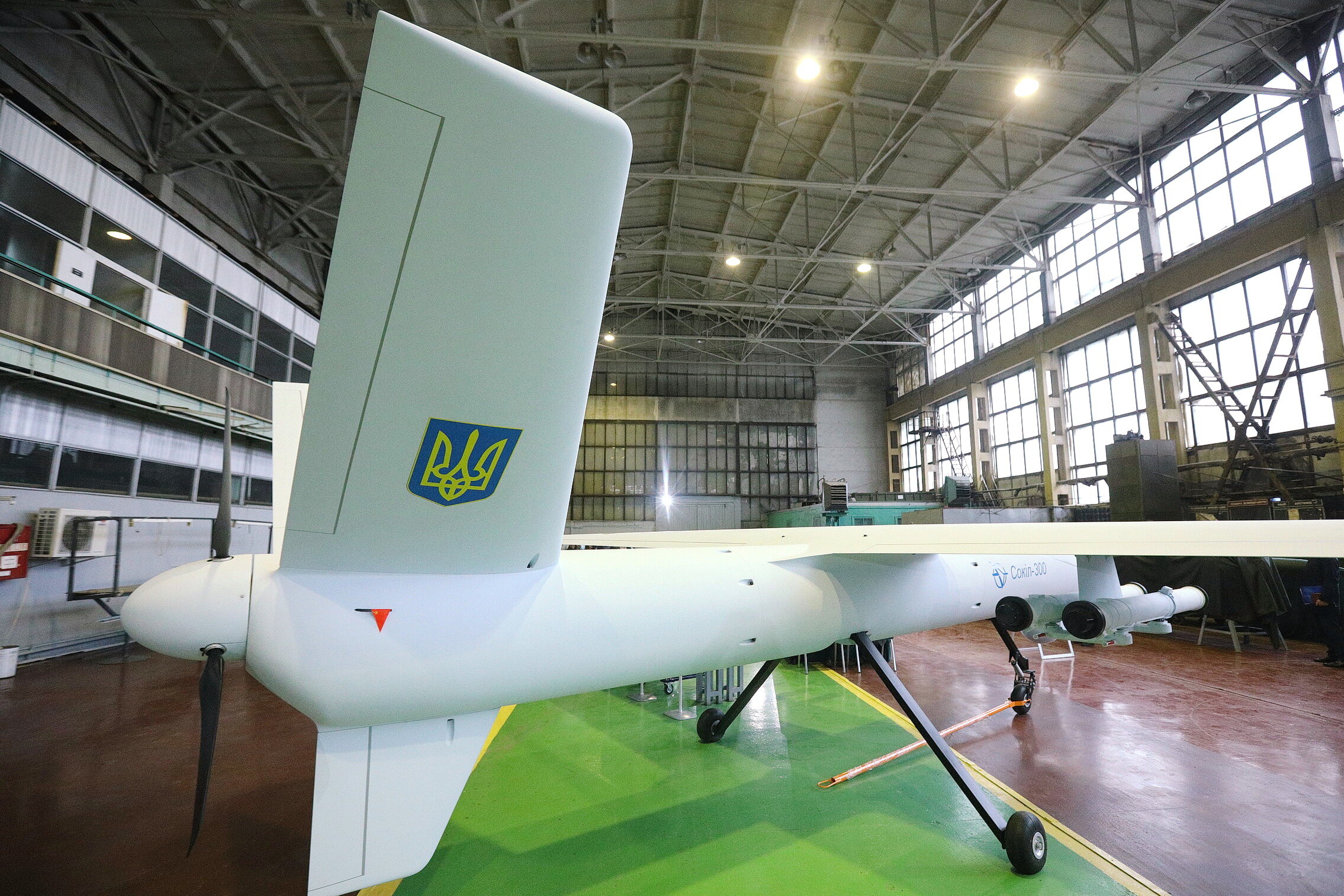 Strike drone system Sokil-300 mockup model pictured during a presentation in the city Vyshneve outside Kyiv on Nov. 6, 2020. 