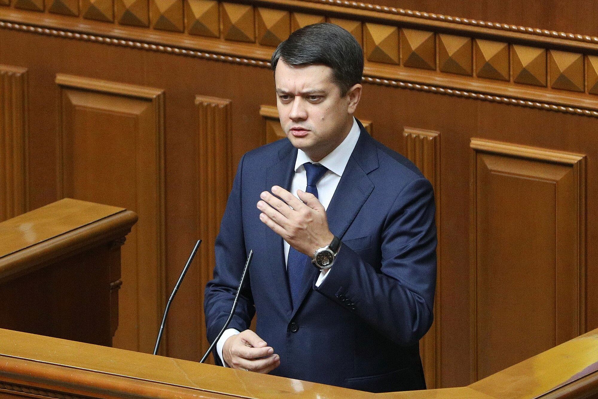 Dmytro Razumkov, then-the speaker of the Verkhovna Rada, gives a speech before the voting for his dismissal on Oct. 7, 2021.