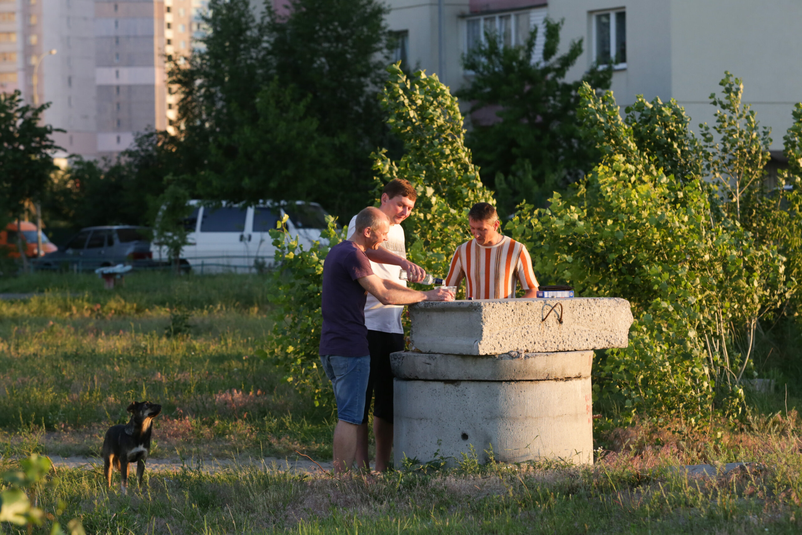 The locals enjoy drinking in the green spaces that have only just returned to Kyiv&#8217;s Troieshchyna neighborhood in the last decade on June 11, 2015. 