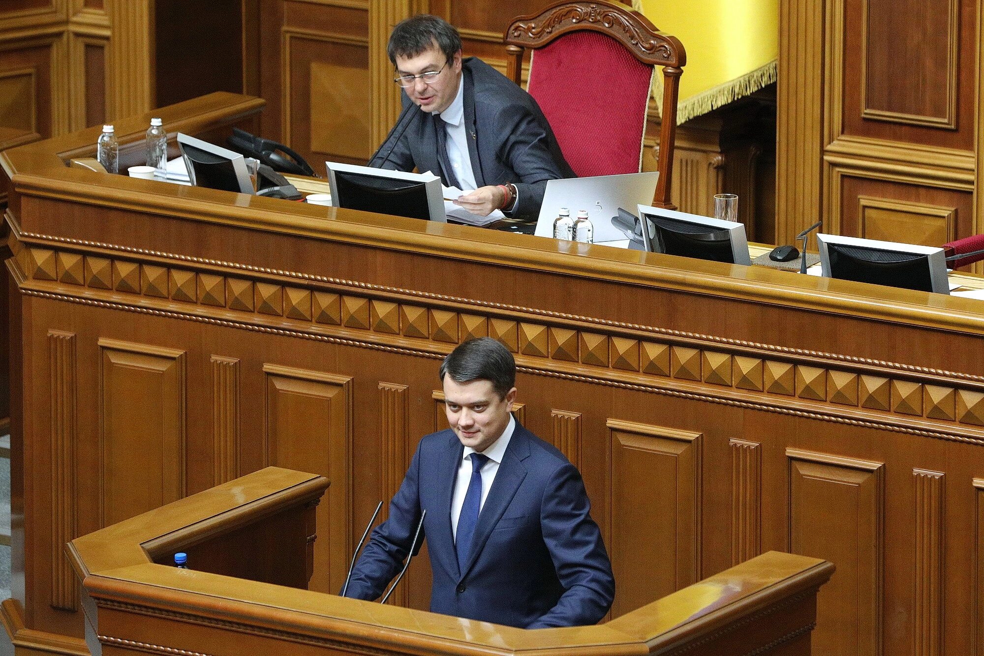 Dmytro Razumkov, the speaker of the Verkhovna Rada, gives a speech before the voting for his dismissal on Oct.7, 2021