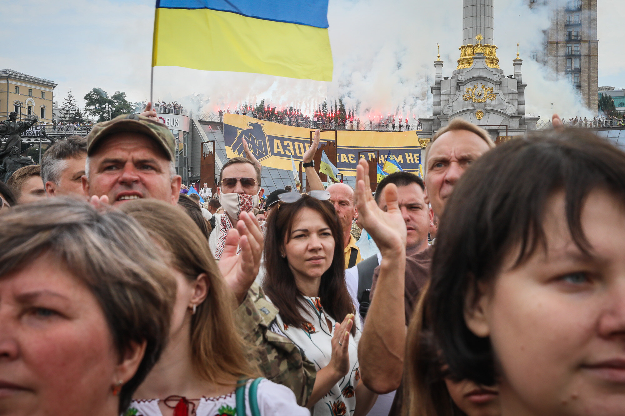 People chant as Ukrainian veterans and activists participate in the March of Defenders of Ukraine, an event that celebrated Ukraine&#8217;s Independence Day in Kyiv on Aug. 24, 2020.