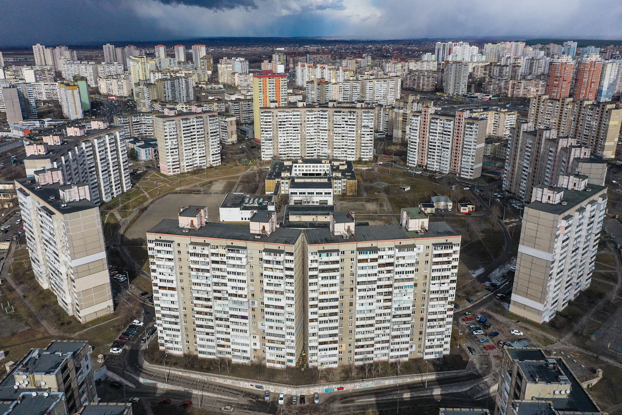 A drone picture taken on March 23, 2021, shows an aerial view of the residential Troieshchyna neighborhood in Kyiv. 
