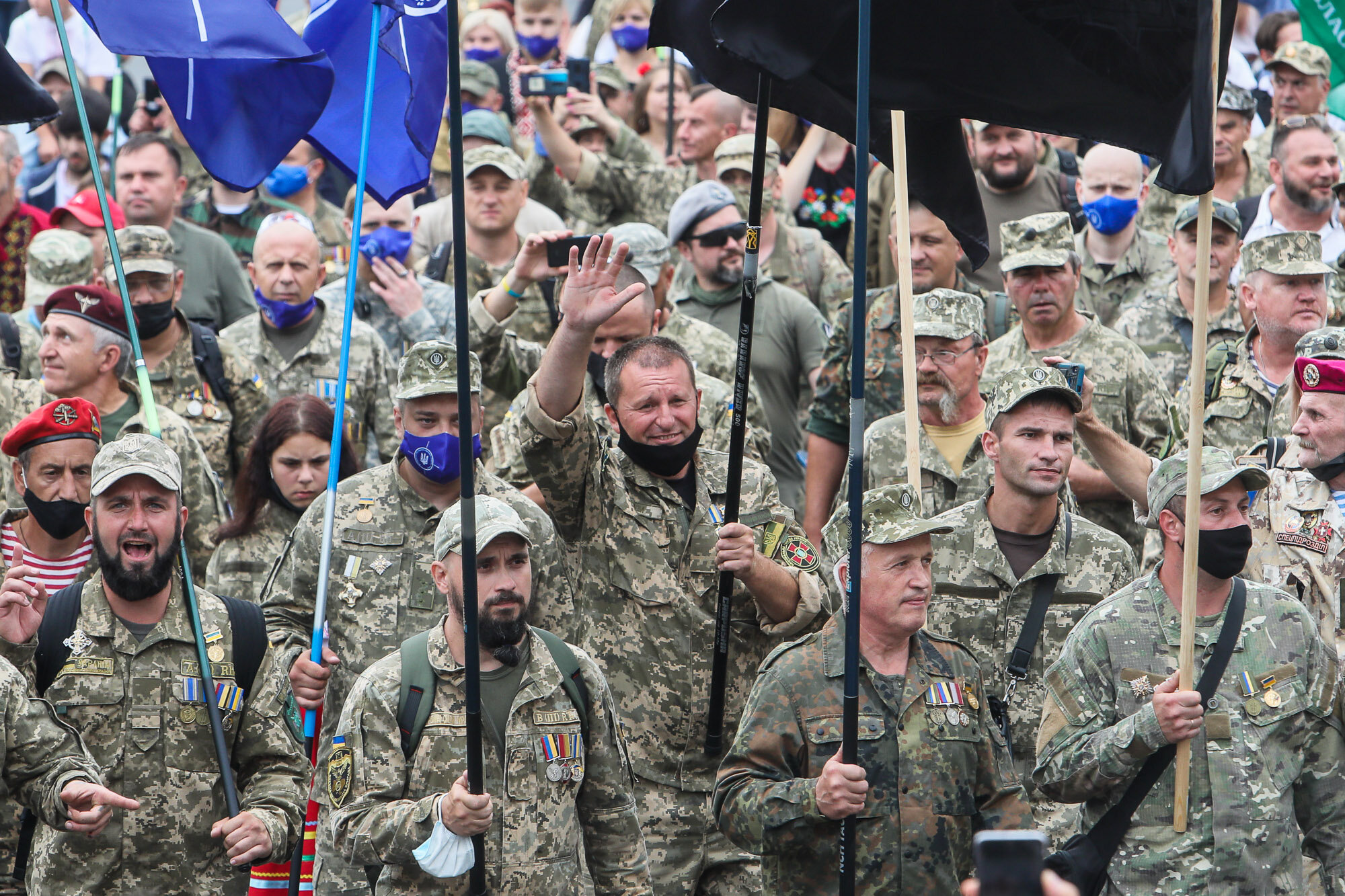 Ukrainian veterans and activists participate in the March of Defenders of Ukraine, an event that celebrated Ukraine&#8217;s Independence Day in Kyiv, on Aug. 24, 2020.