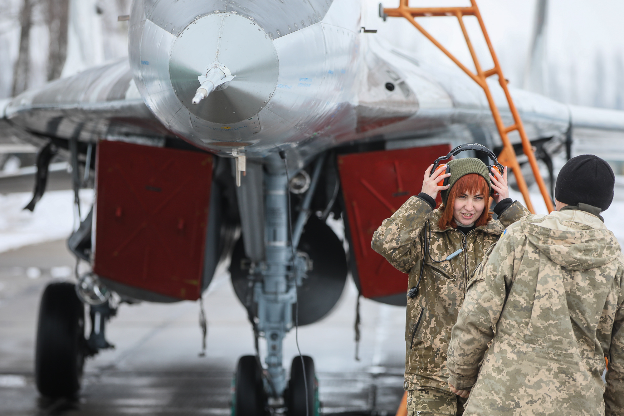 Service technicians prepare a Mikoyan MiG-29 fighter for a practice flight at Repair technicians inspect a Ukrainian Air Force&#8217;s L-39 Albatros training plane at an airbase of Vasylkiv on Feb. 14, 2019.