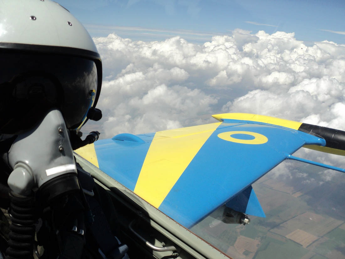 Ukrainian pilot aviating an L-39 trainer, pictured on July 7, 2011.