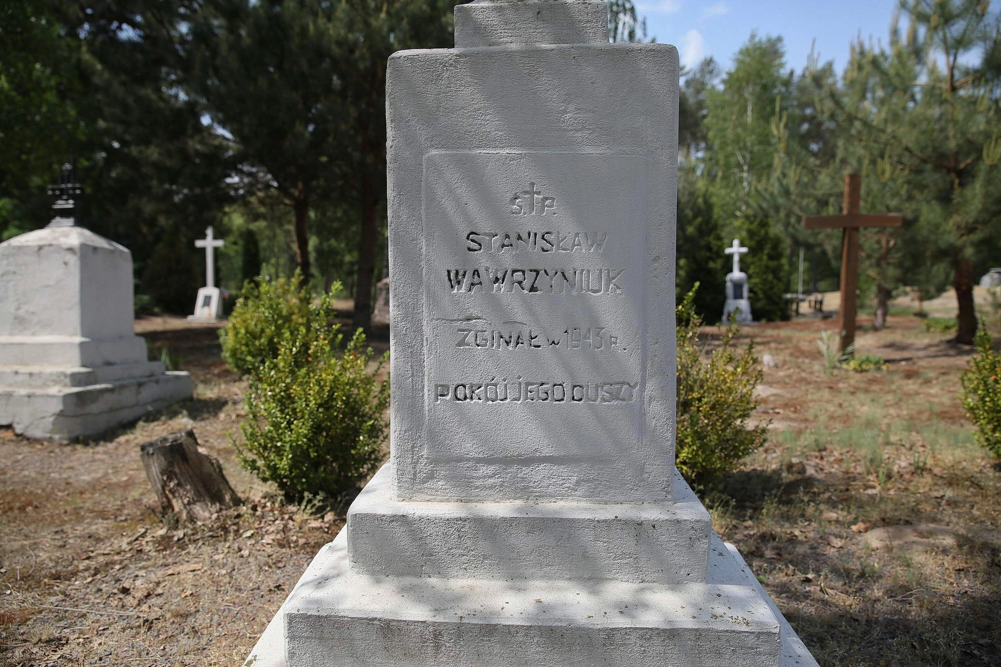 A tumbstones at a Polish cemetary located by the village of Sokil in Volyn Oblast. 