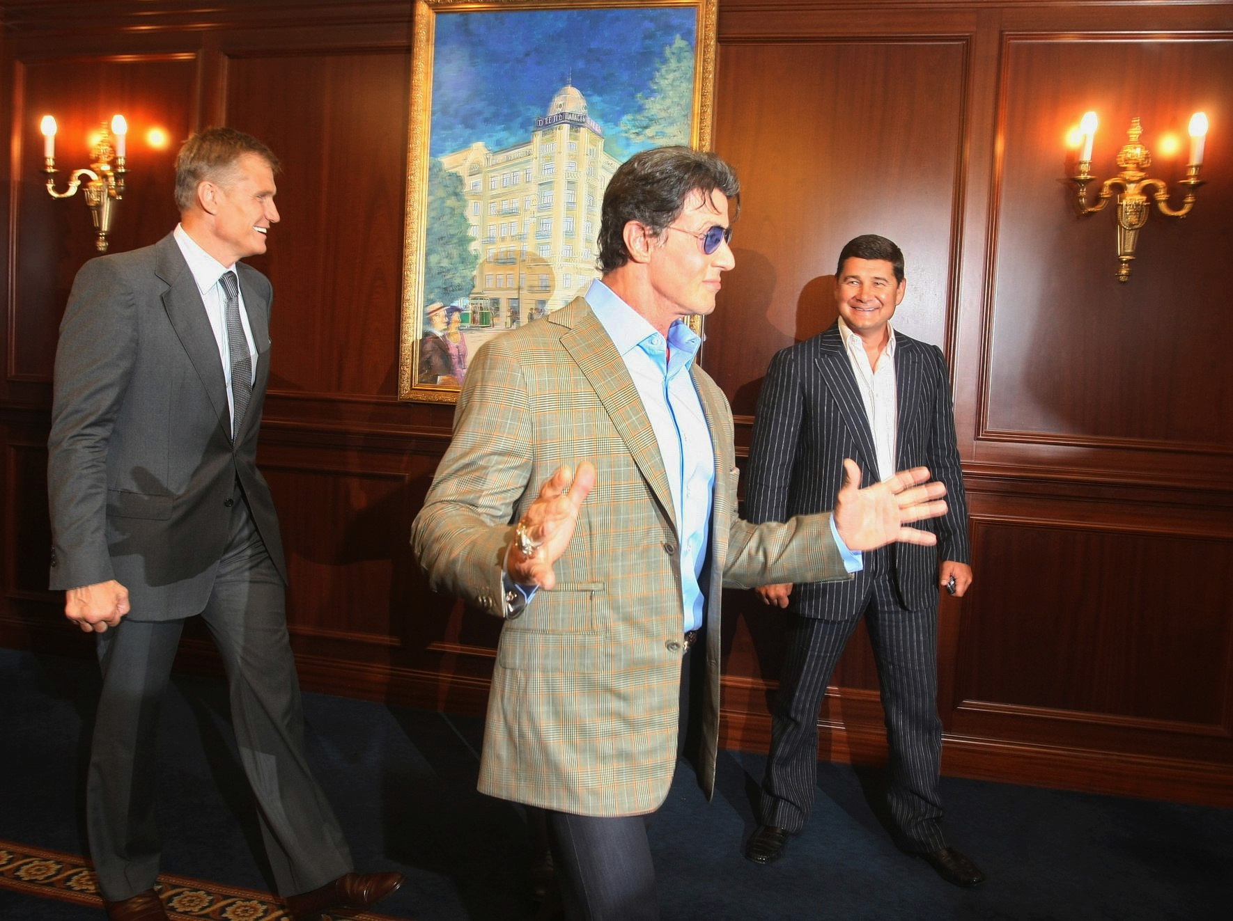 Hollywood actors Dolph Lundgren (L), Sylvester Stallone (C), and a businessman Alexander Onishchenko (R) during a press conference on the movie launch in Kyiv on Aug. 7 of 2010.