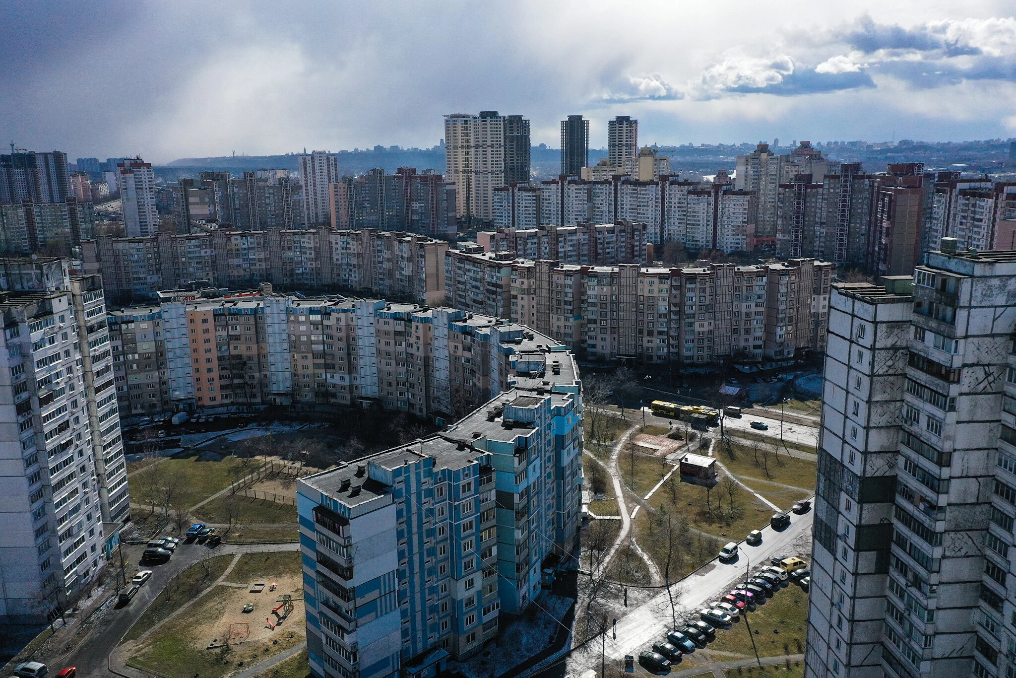 A drone picture taken on March 23, 2021, shows an aerial view of the residential Troieshchyna neighborhood in Kyiv. 