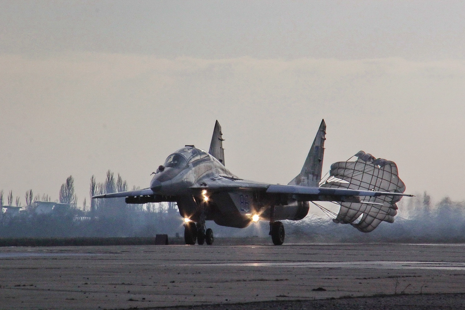 A Ukrainian warplane comes in for landing at an airbase in the Mykolaiv Oblast on Feb. 21, 2018.