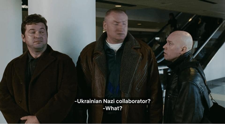 A scene from the 2000 Russian crime film &#8220;Brother 2&#8221; in which &#8220;Banderivets&#8221; is translated as &#8220;Ukrainian Nazi collaborator.&#8221;