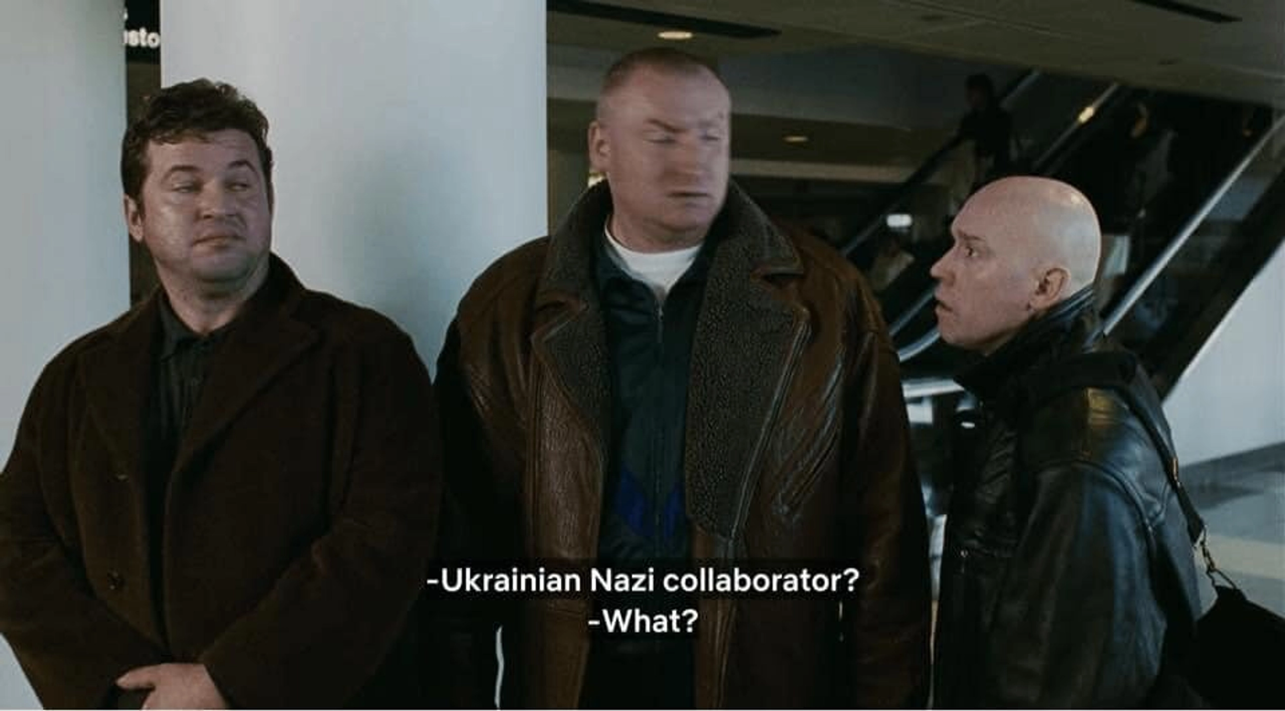 A scene from the 2000 Russian crime film &#8220;Brother 2&#8221; in which &#8220;Banderivets&#8221; is translated as &#8220;Ukrainian Nazi collaborator.&#8221;