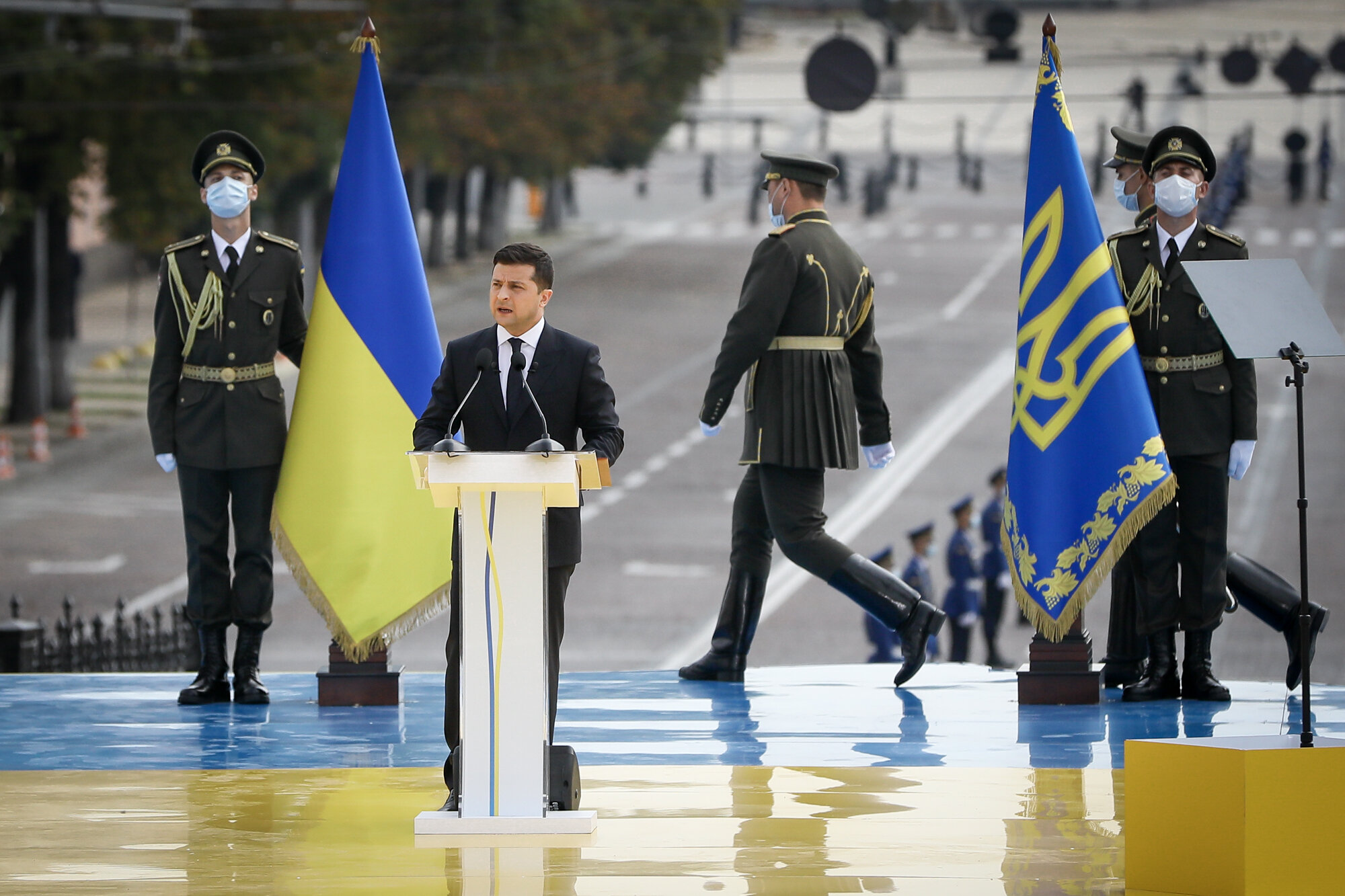 Ukrainian President Volodymyr Zelensky delivers a speech during a celebration of Ukraine&#8217;s Independence Day in Kyiv on Aug. 24, 2020.