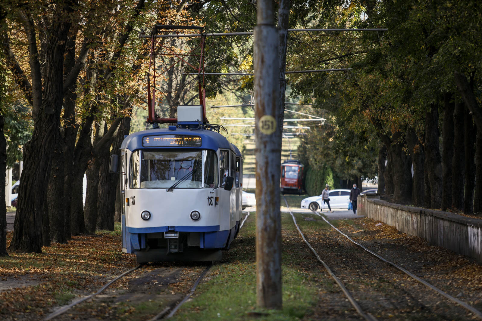 A streetcar arriving to the station on Yavornytsky Avenue, the main street of Dnipro, on Oct. 6, 2020.  