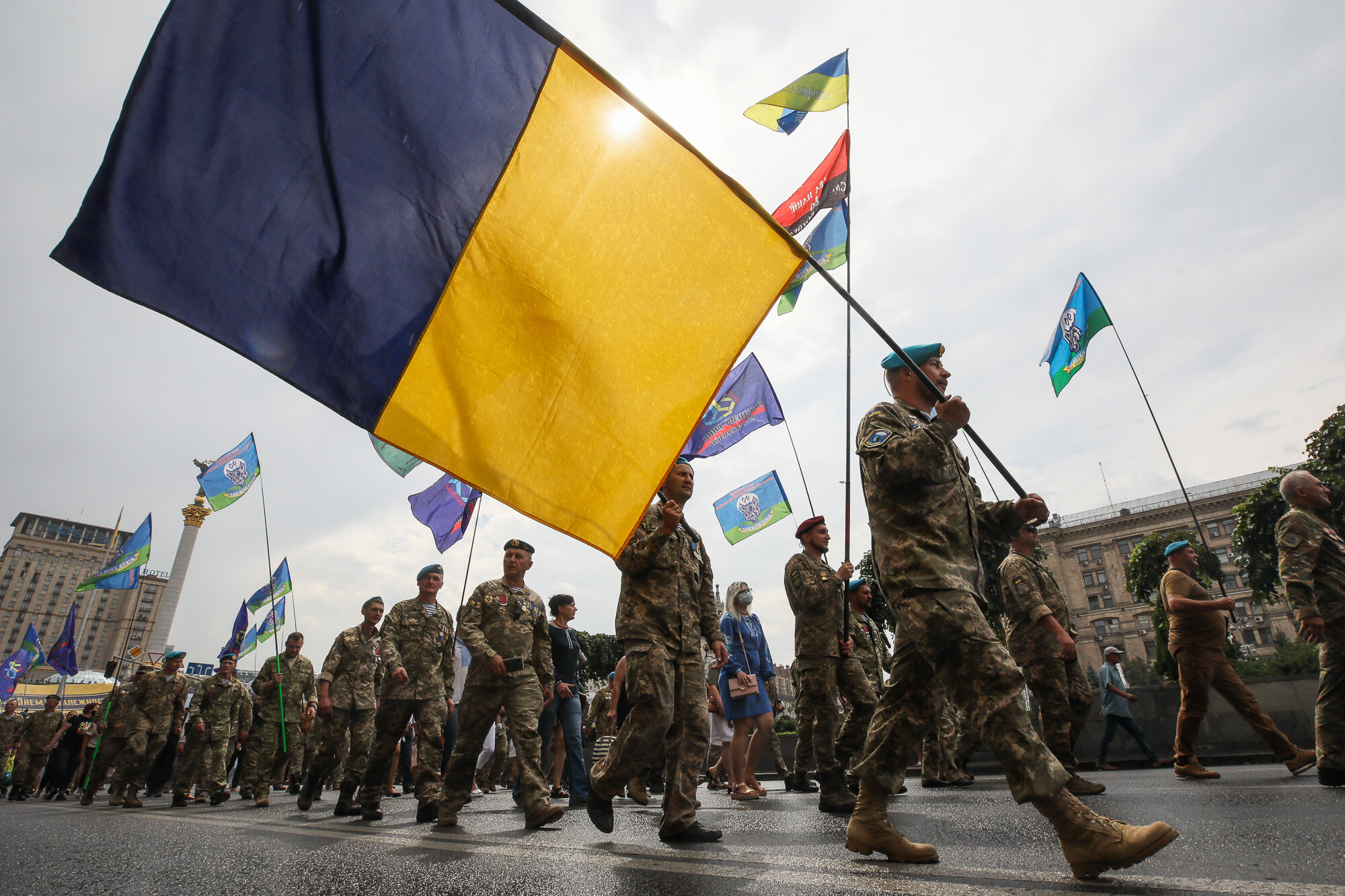Ukrainian veterans and activists participate in the March of Defenders of Ukraine, an event that celebrated Ukraine&#8217;s Independence Day in Kyiv on August 24, 2020.
