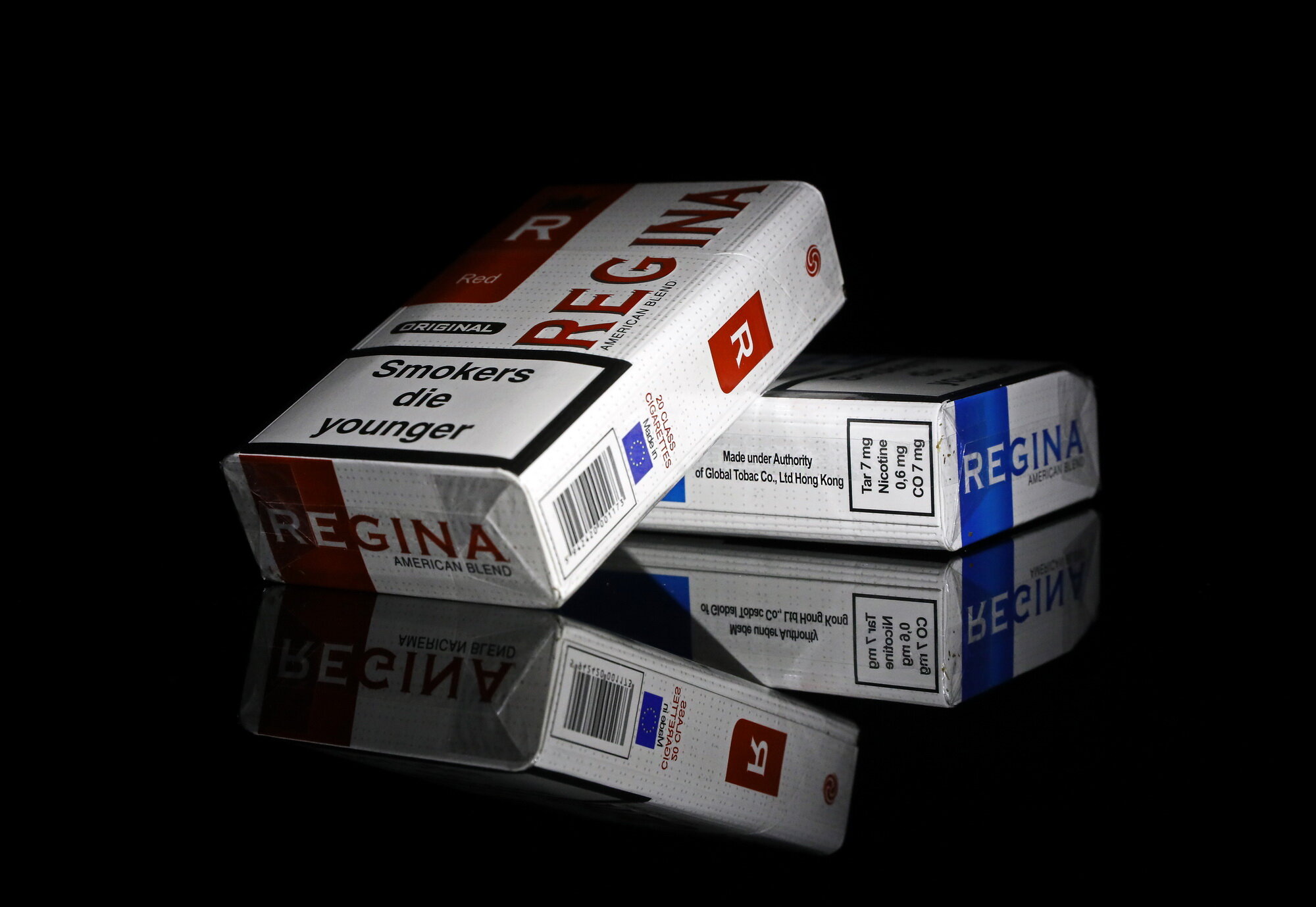 The Regina Blue and Regina Red brand cigarettes with no tax stamps on them, the warning labels in English instead of Ukrainian, and marked “For Duty Free Sale Only&#8221; in small letters on the side of the pack are sold illegally in Ukraine.