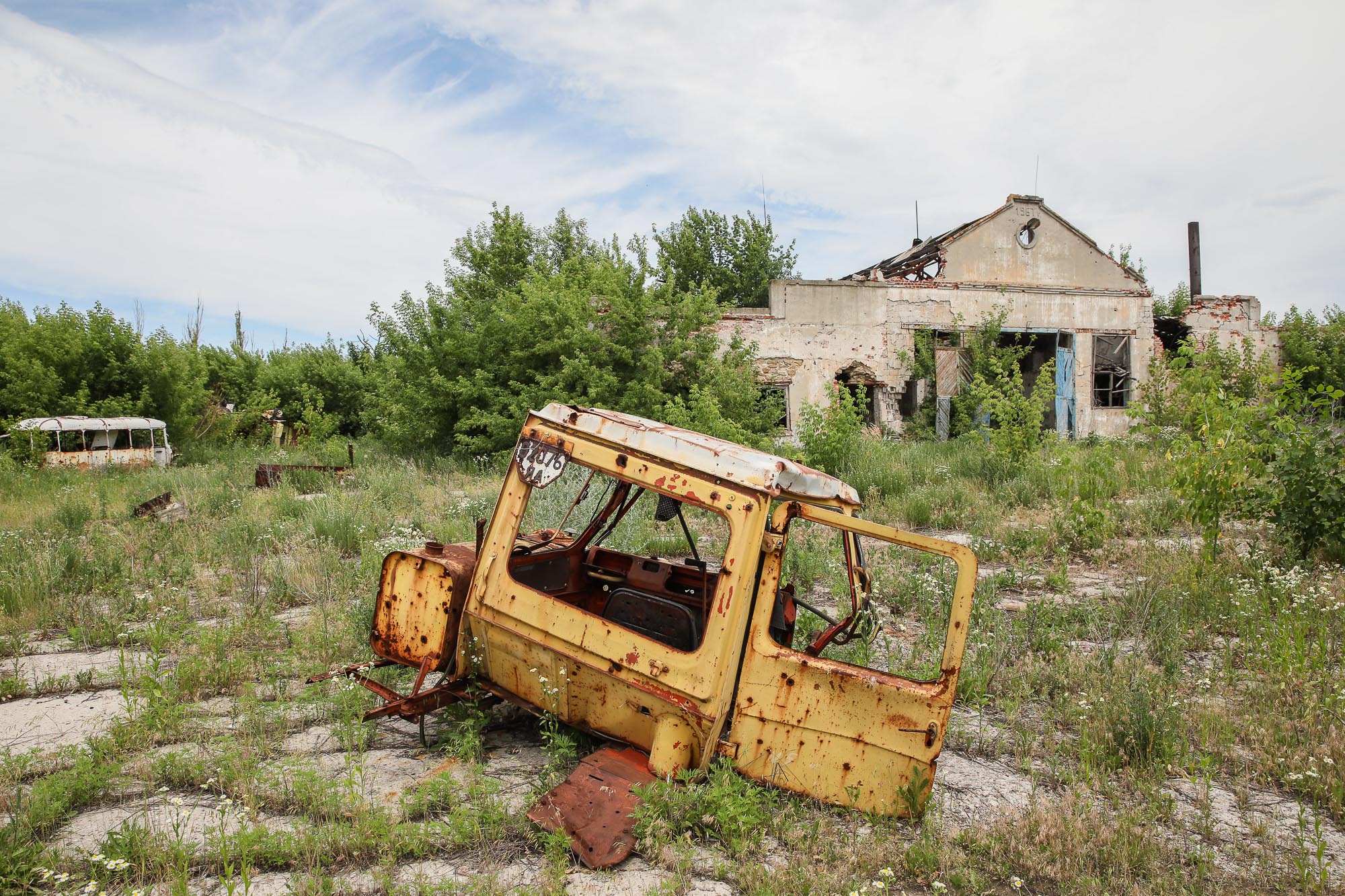 Ruins of an agricultural manufacture building destroyed in shelling, pictured in the town of Opytne, eastern Ukraine, on June 12, 2019.