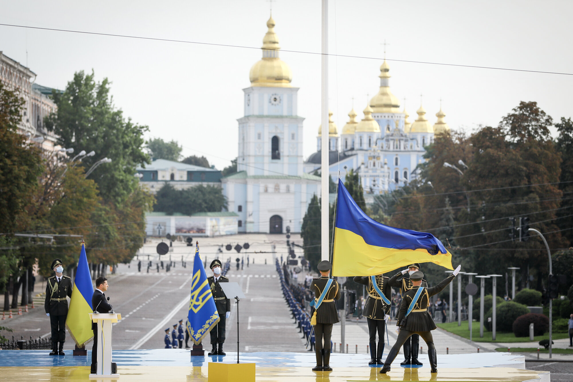 Ukrainian President Volodymyr Zelensky participates in the raising flag ceremony on Aug. 24, 2020 at Sofiivska Square in Kyiv to celebrate Ukraine&#8217;s Independence Day.