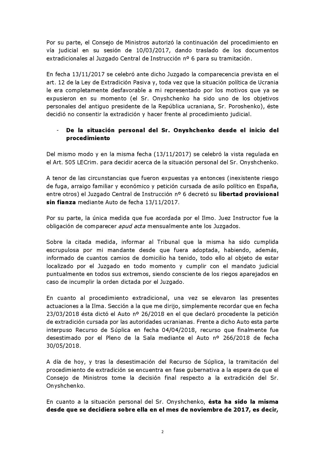 Part of a letter that ex-lawmaker Oleksandr Onyshchenko&#8217;s lawyer sent to a Spanish court asking to allow her client to voluntarily surrender to the Ukrainian authorities, and not to arrest him for extradition.
