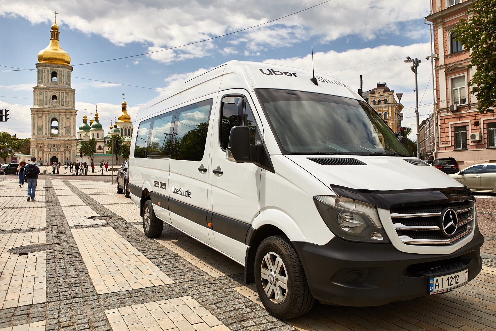 An Uber Shuttle minibus is parked in central Kyiv. Uber mostly uses Mercedes-Benz Sprinter minibuses for this service. (Uber)