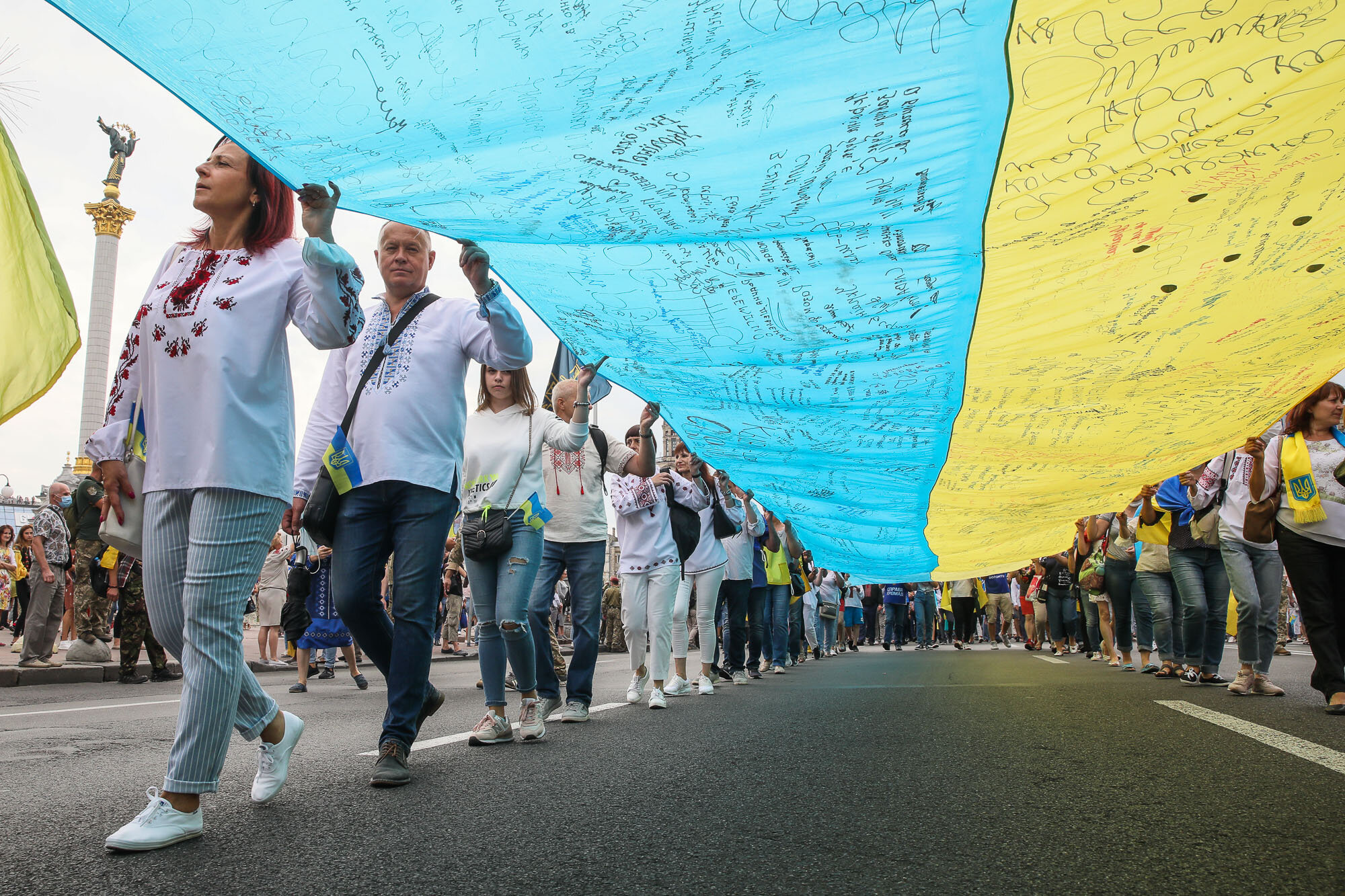 Ukrainian veterans and activists participate in the March of Defenders of Ukraine as part of Ukraine&#8217;s Independence Day celebrations in Kyiv on Aug. 24, 2020.