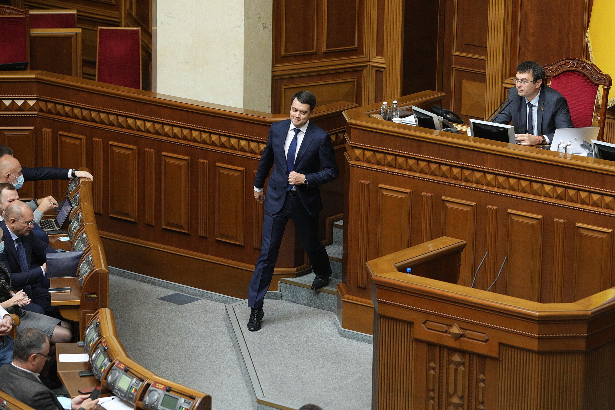 Parliamentary speaker Dmytro Razumkov prepares to give a speech to lawmakers in anticipation of the vote for his dismissal on Oct.7, 2021.