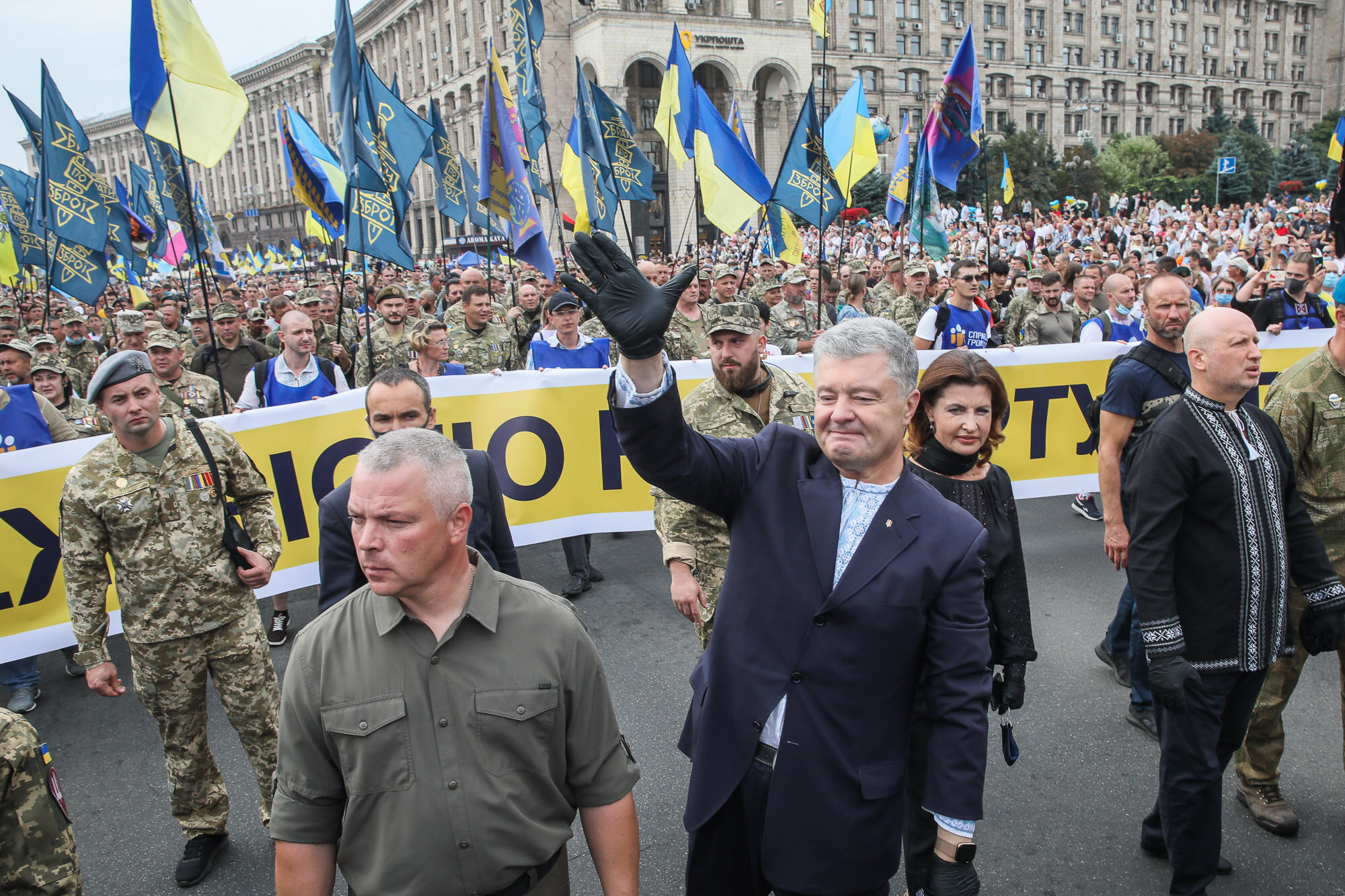 Ukraine’s fifth President Petro Poroshenko takes part in the March of Defenders of Ukraine, an event that celebrated Ukraine&#8217;s Independence Day in Kyiv on Aug. 24, 2020.