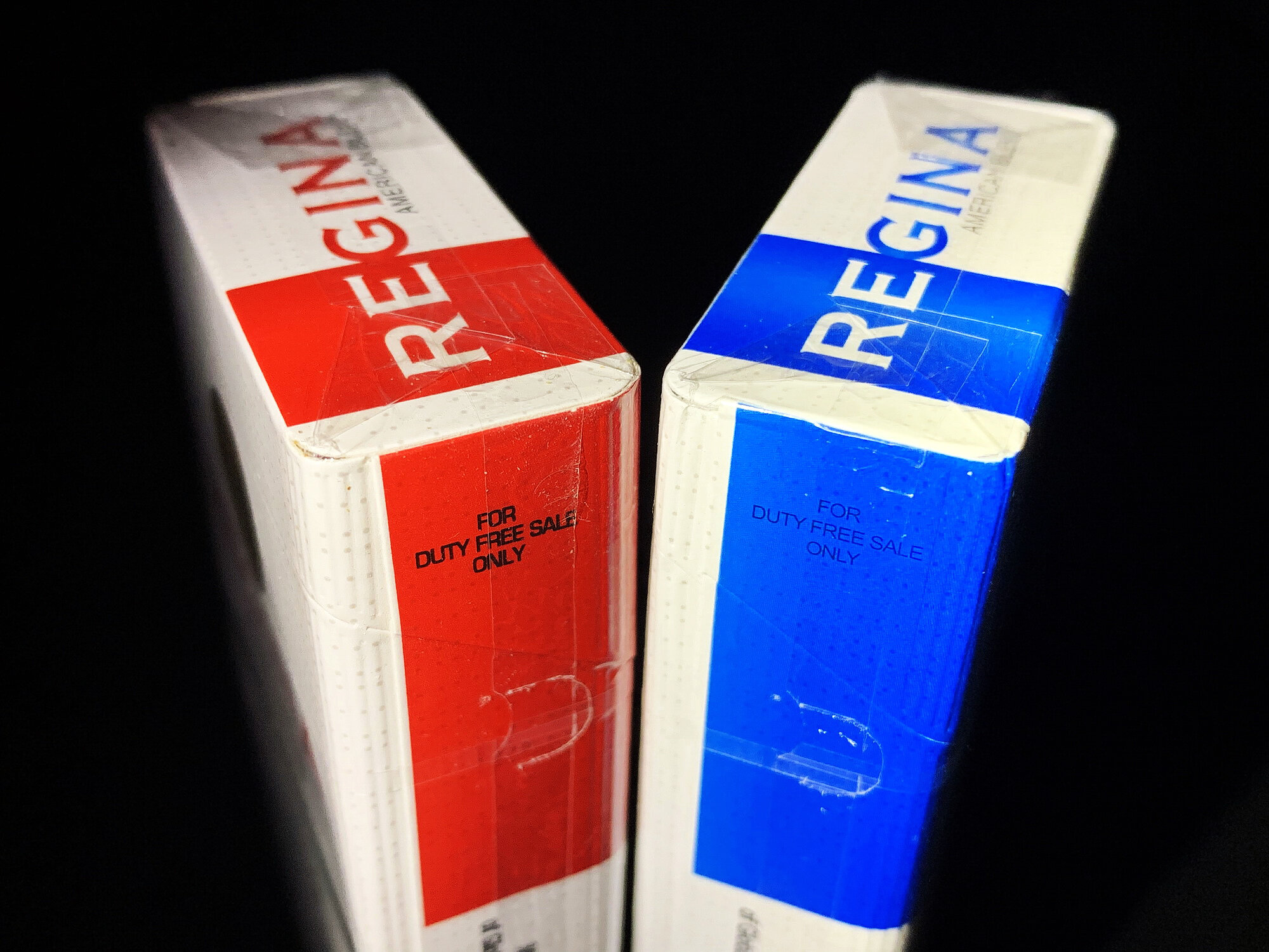 The Regina Blue and Regina Red brand cigarettes with no tax stamps on them, the warning labels in English instead of Ukrainian, and marked “For Duty Free Sale Only&#8221; in small letters on the side of the pack are sold illegally in Ukraine.