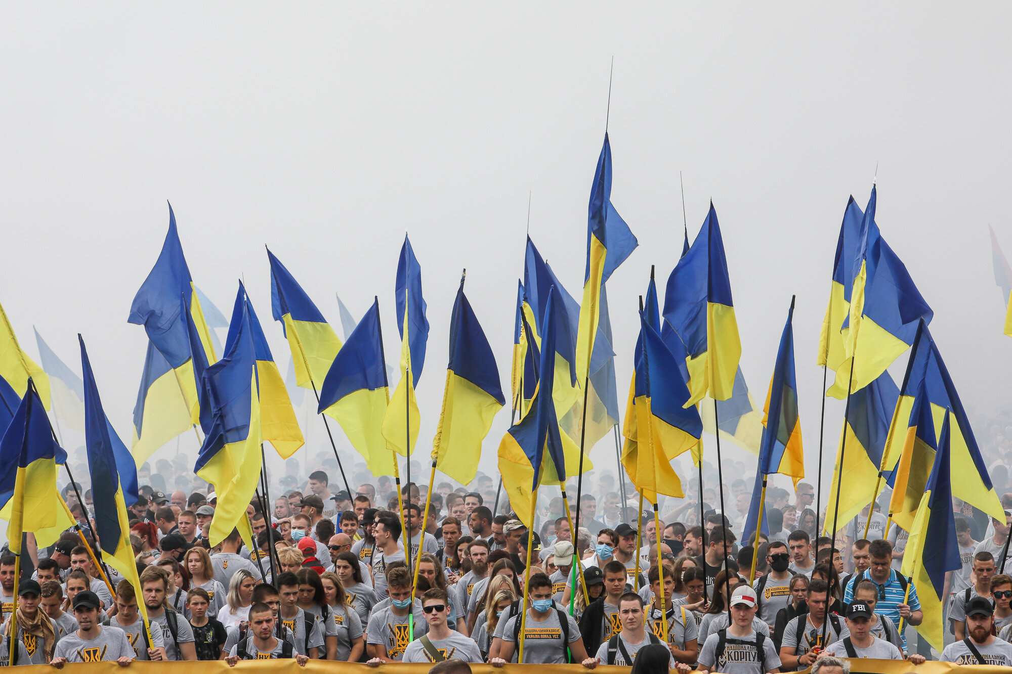 Ukrainian veterans and activists participate in the March of Defenders of Ukraine, an event that celebrated Ukraine&#8217;s Independence Day in Kyiv, on Aug. 24, 2020.