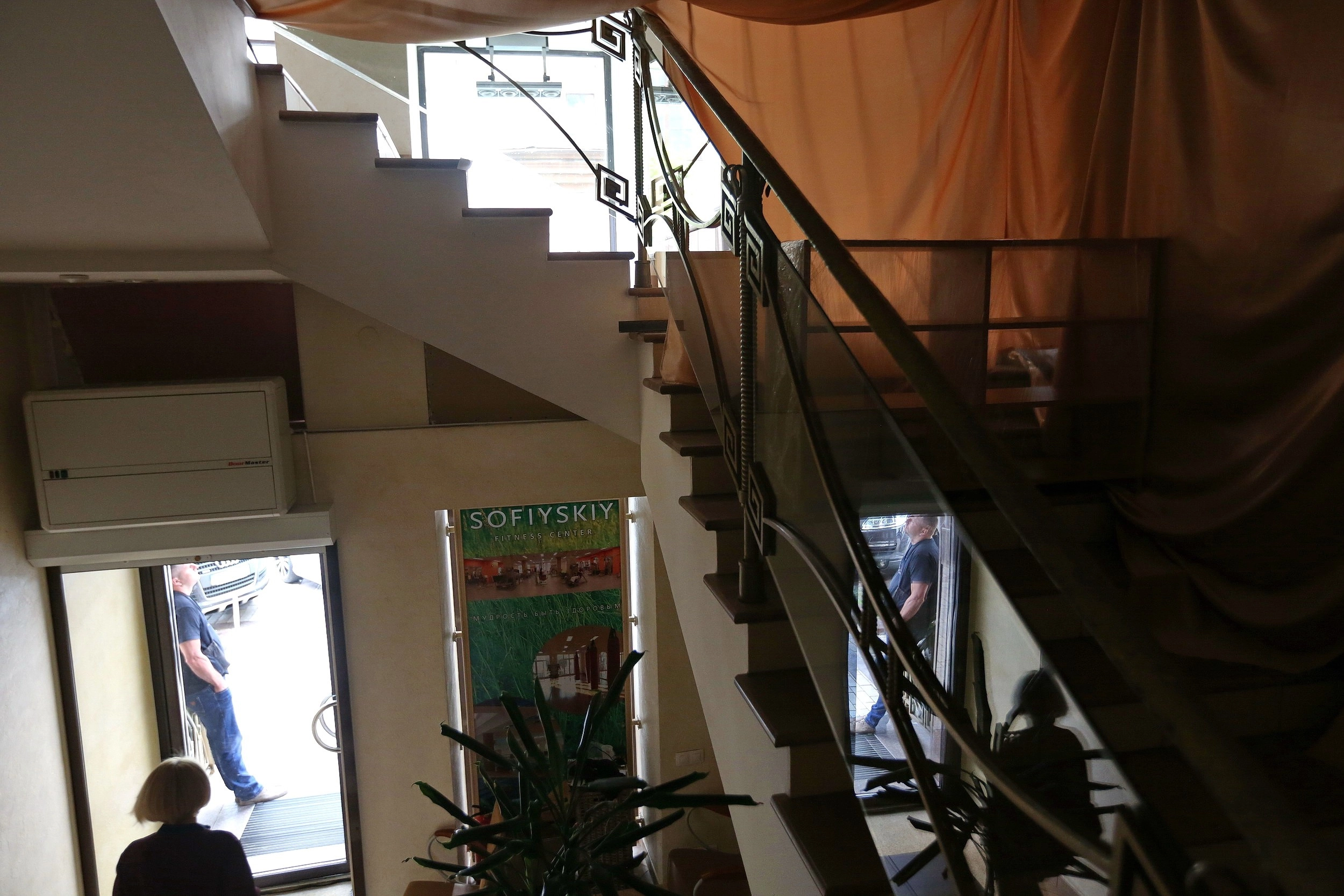 Steel bars block stairwell access to the Sofiyskiy Fitness Center in Kyiv on June 13.