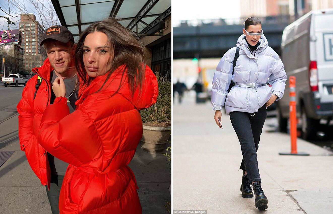 U.S. model and actress Emily Ratajkowski and her husband Sebastian Bear-McClard (L) and model Bella Hadid wear hit puffer jackets by Ukrainian winter outwear brand Ienki Ienki.