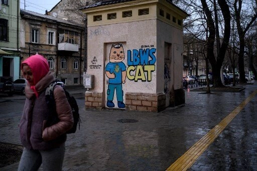 A pedestrian walks in front of a street art creation by the LBWS street art collective on a street in the port city of Odesa on April 13, 2022. (Photo by Ed JONES / AFP)