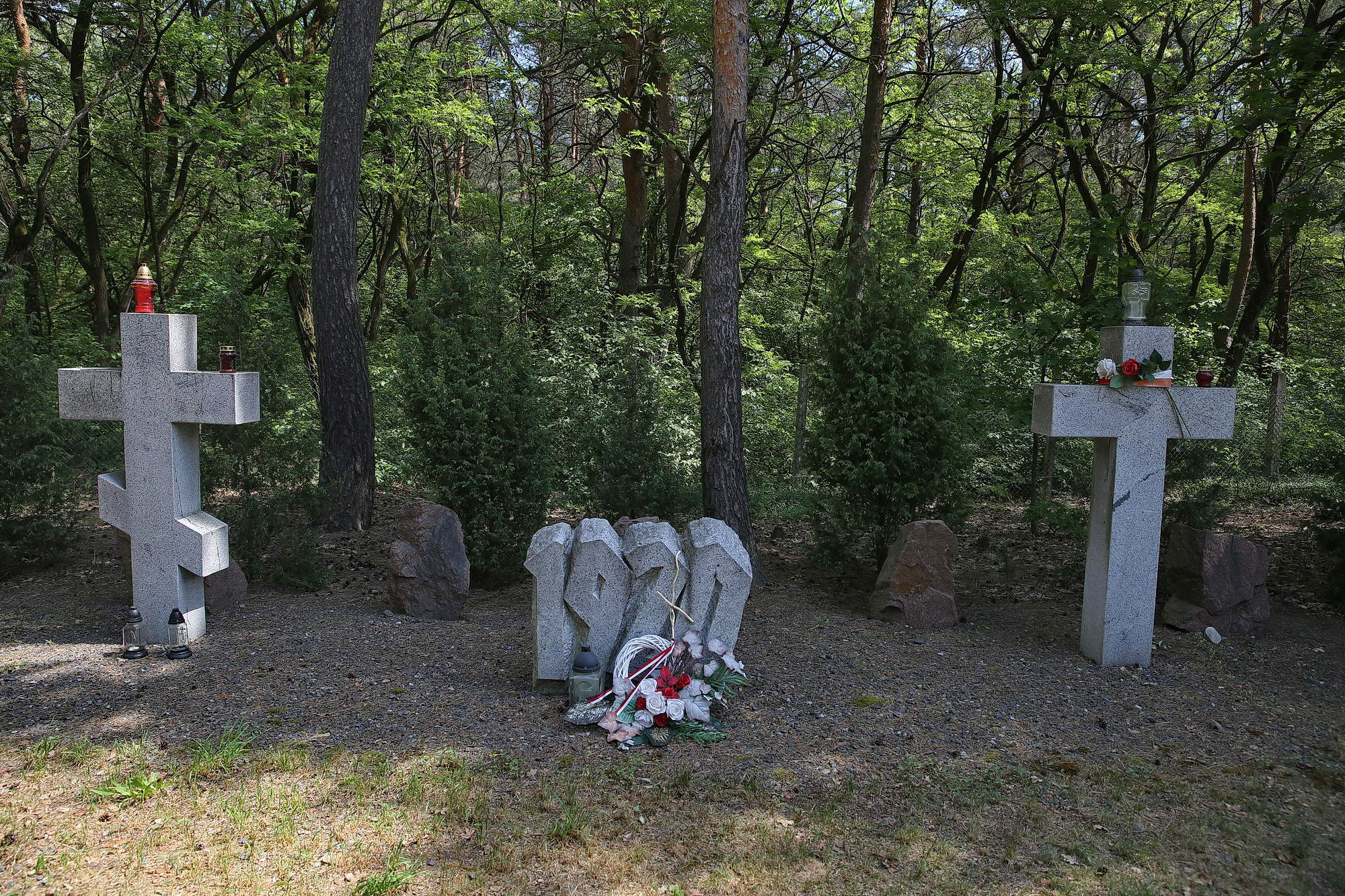 The crosses hoisted at the mass graves of the Polish and the Soviet army soldiers who were killed at war in 1920, located at the Polish cemetary by the village of Sokil in Volyn Oblast.