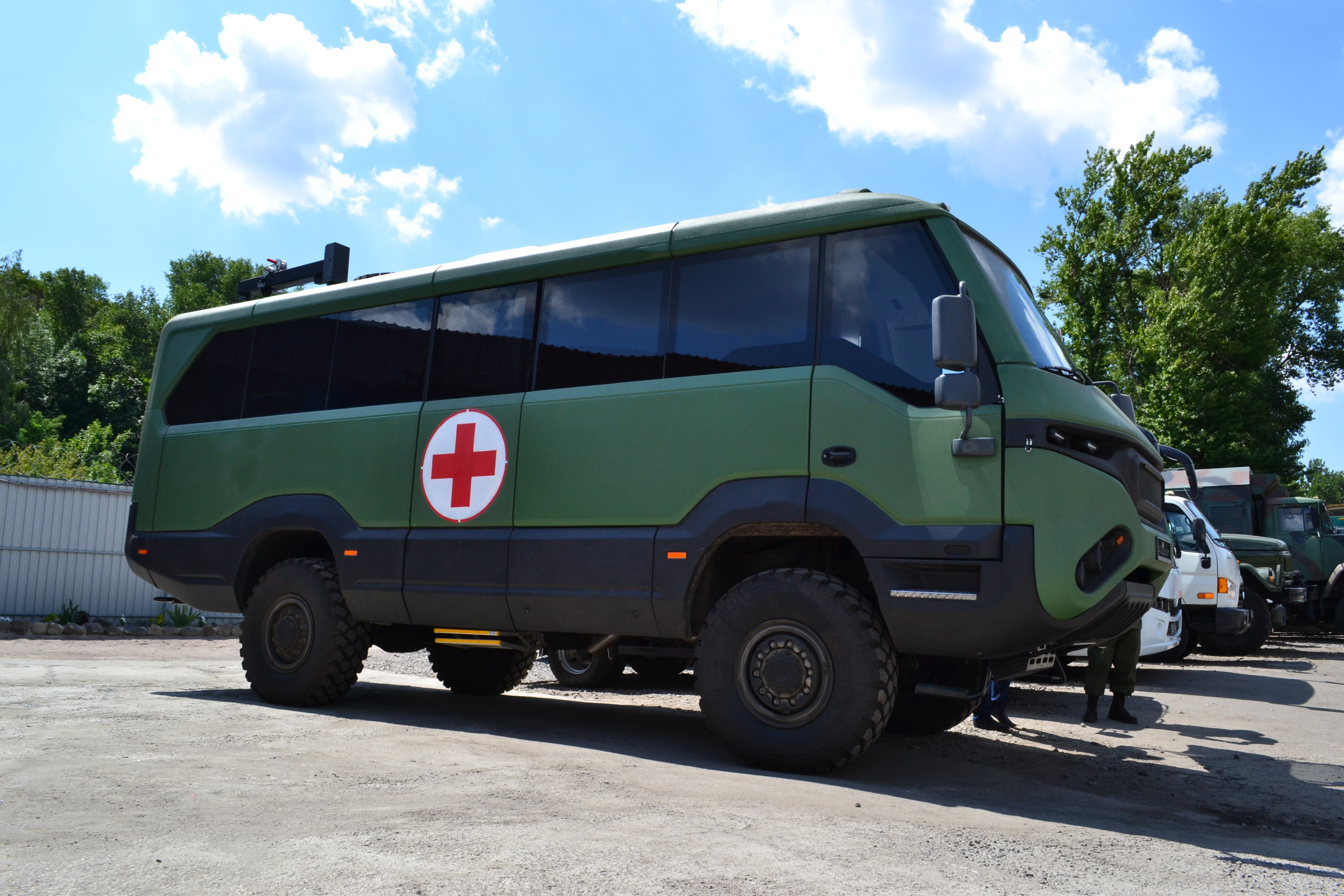 An ambulance version of the Tursus Praetorian bus sold to the National Guard of Ukraine. Its creators claim it can fit up to 12 wounded patients and some medical staff. (Torsus)