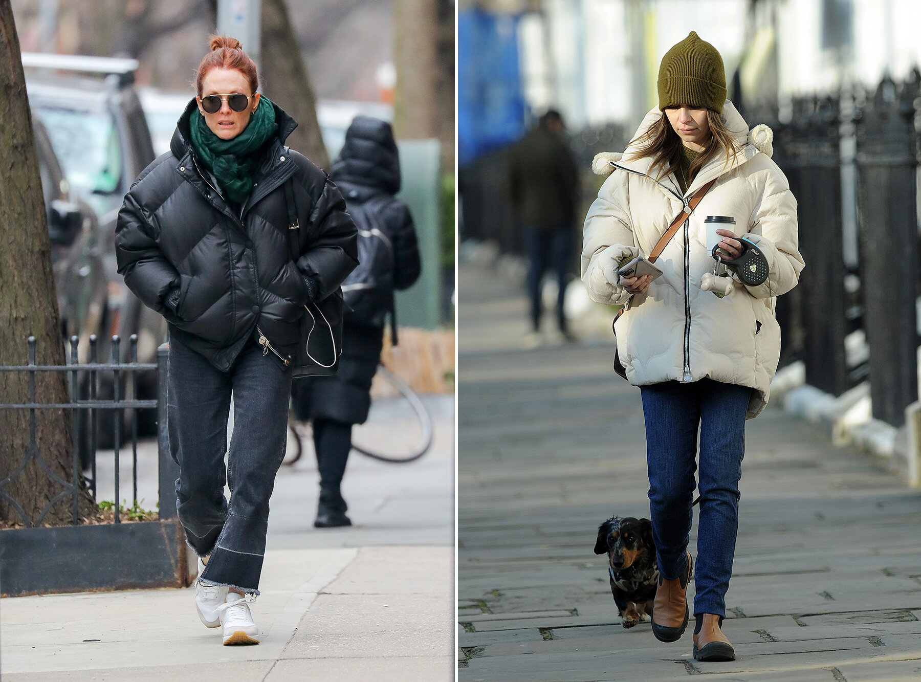 U.S. actress Julianne Moore (L) and U.K. actress Emilia Clarke wear hit puffer jackets by Ukrainian winter outwear brand Ienki Ienki.