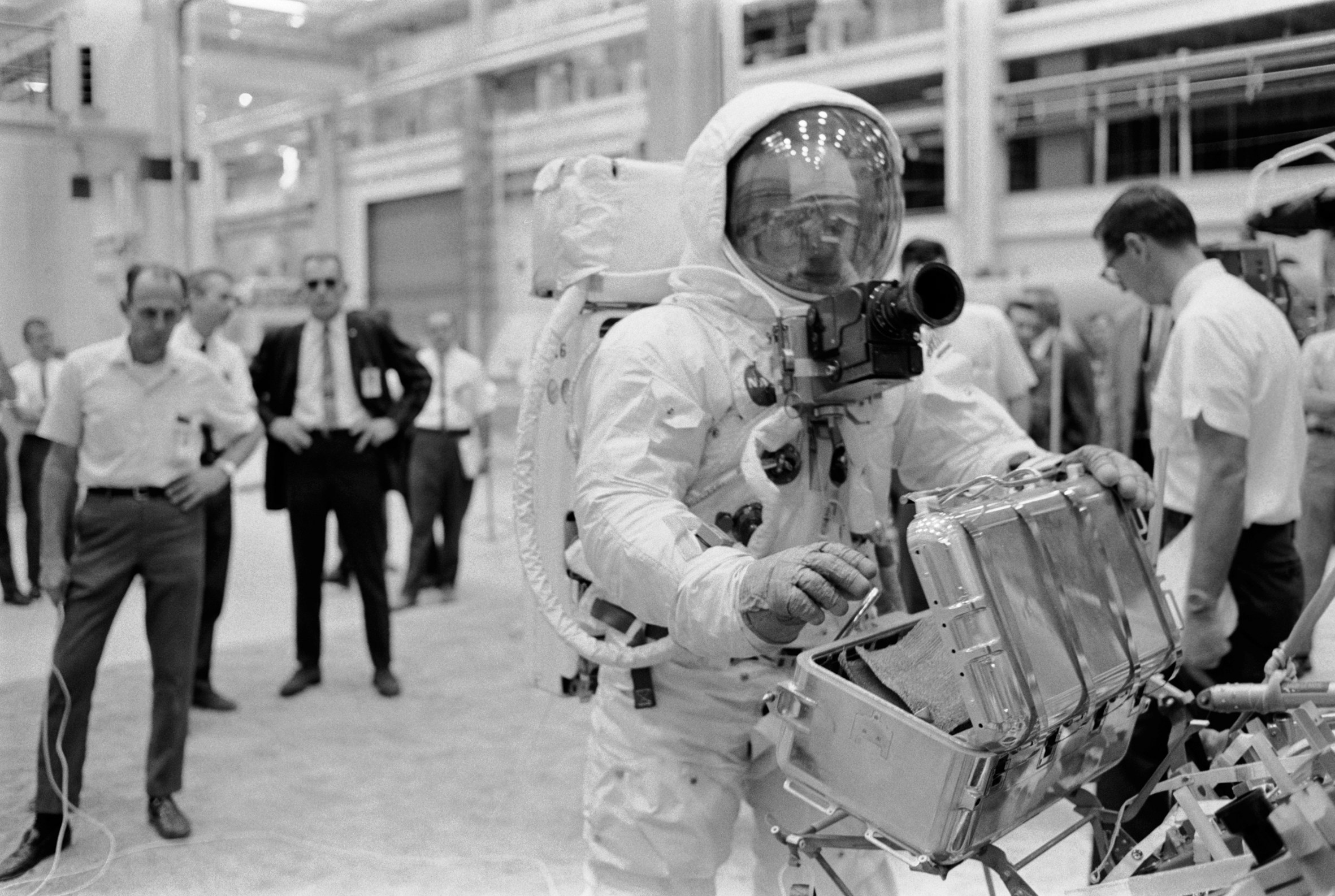 Astronaut Buzz Aldrin pictured during extravehicular activity training in April 1969.