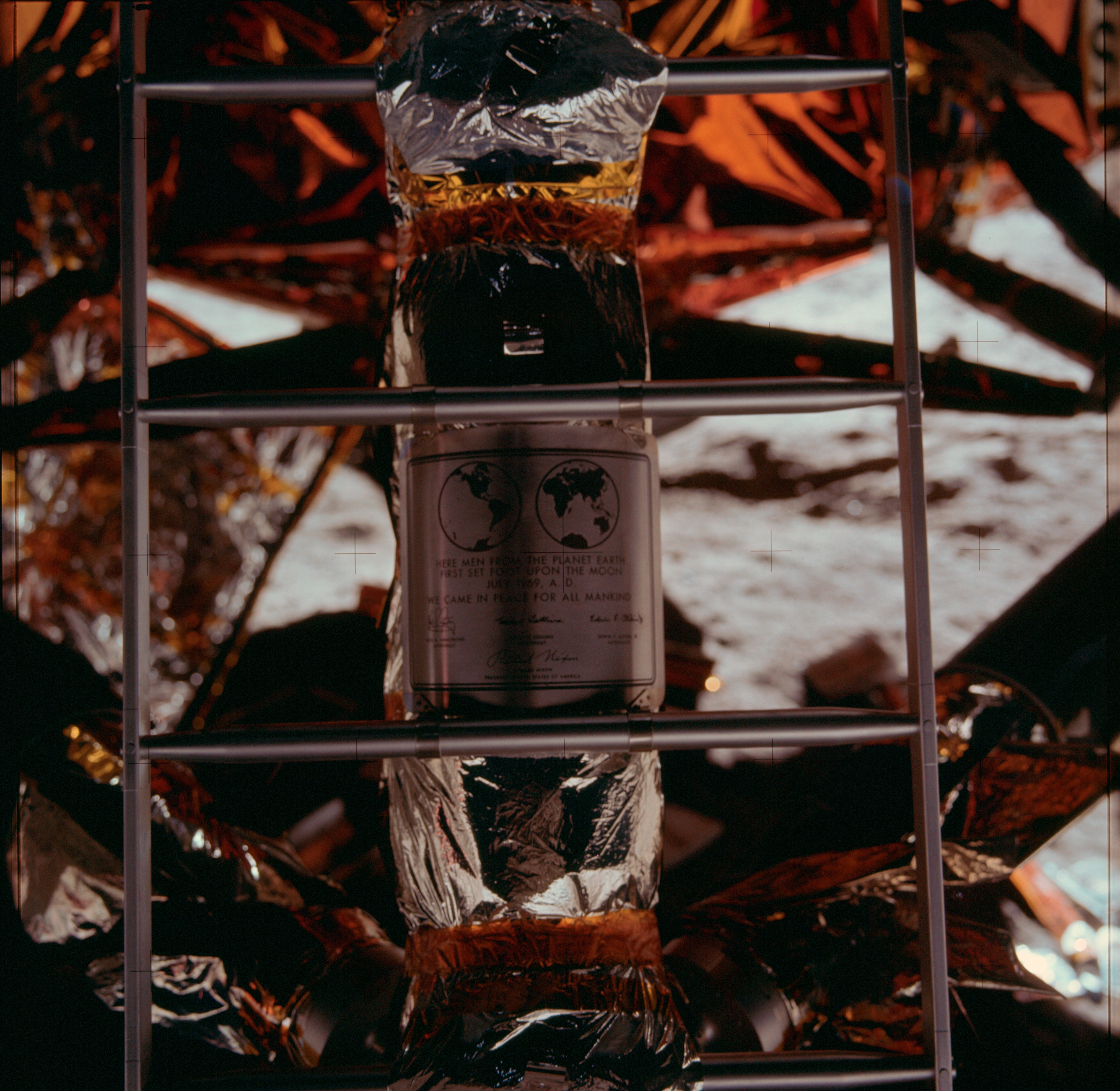 The famous Apollo 11 plaque installed on the Eagle lunar module strut, pictured during the historic moonwalking on July 21, 1969.
