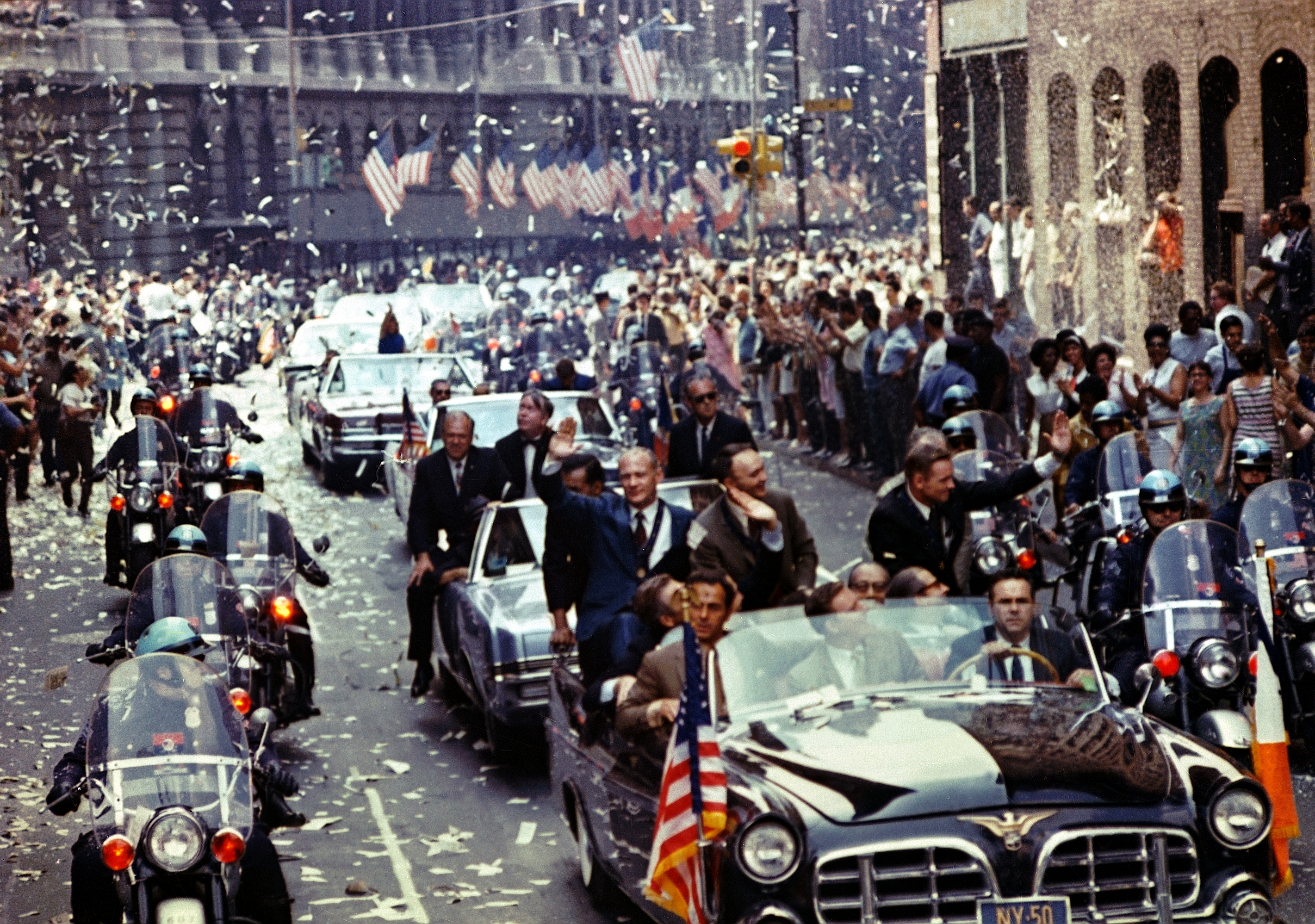 Cheering crowds meet the Apollo 13 astronauts in New York City on Aug. 13, 1969.