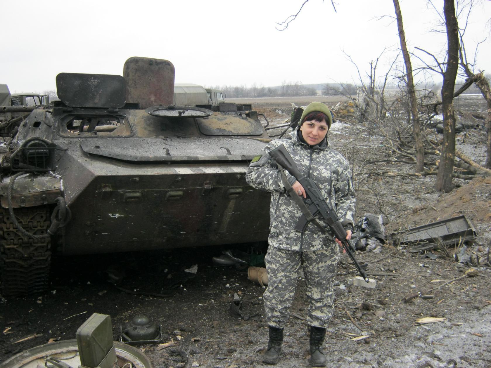Svitlana Driuk pictured within the ranks of Russian-led forces in the Donbas war zone.