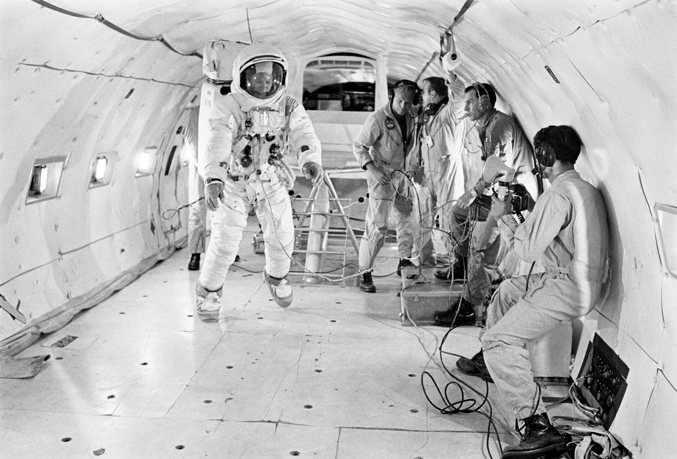 Astronaut Buzz Aldrin runs a non-gravity training on July 10, 1969.