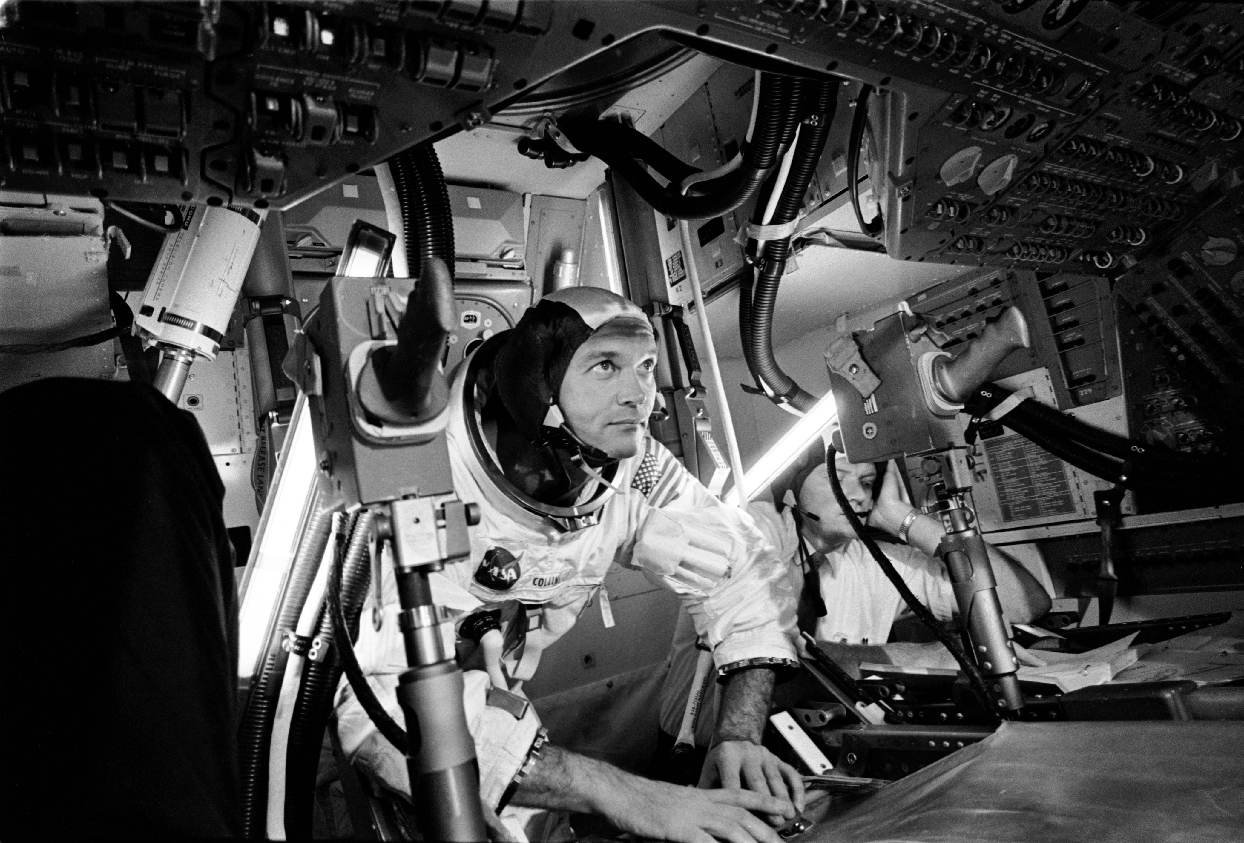 Astronaut Michael Collins practices in a simulator prior to Apollo 11 launch on June 28, 1969.