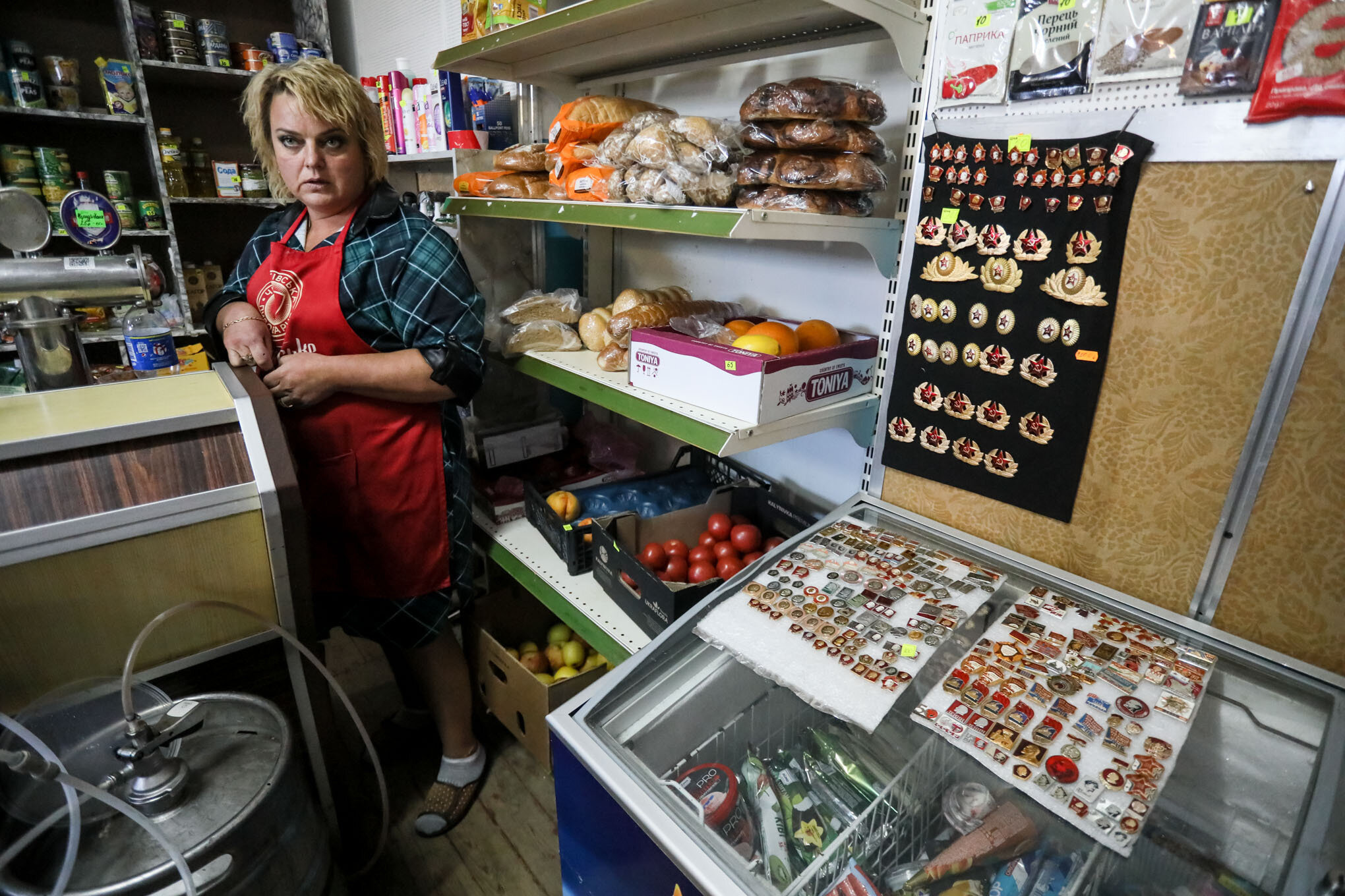 Olena Nechyporenko, entrepreneur from the Chornobyl exclusion zone, speaks to the Kyiv Post at her grocery store on Oct. 5, 2021. (Oleg Petrasiuk)