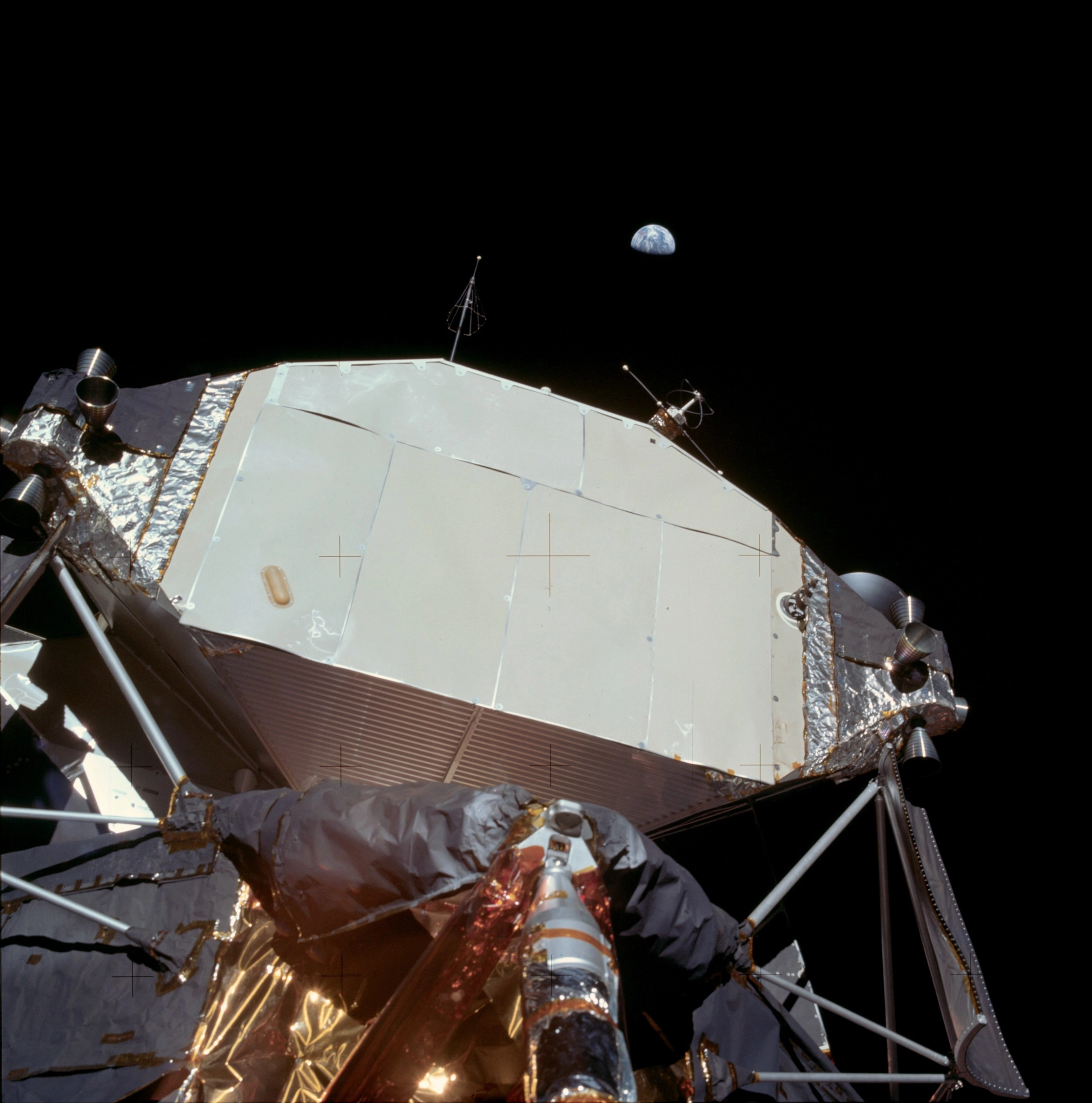 A view to the Earth crescent  in the lunar sky, taken during the historic Apollo 11 moonwalking on July 21, 1969.