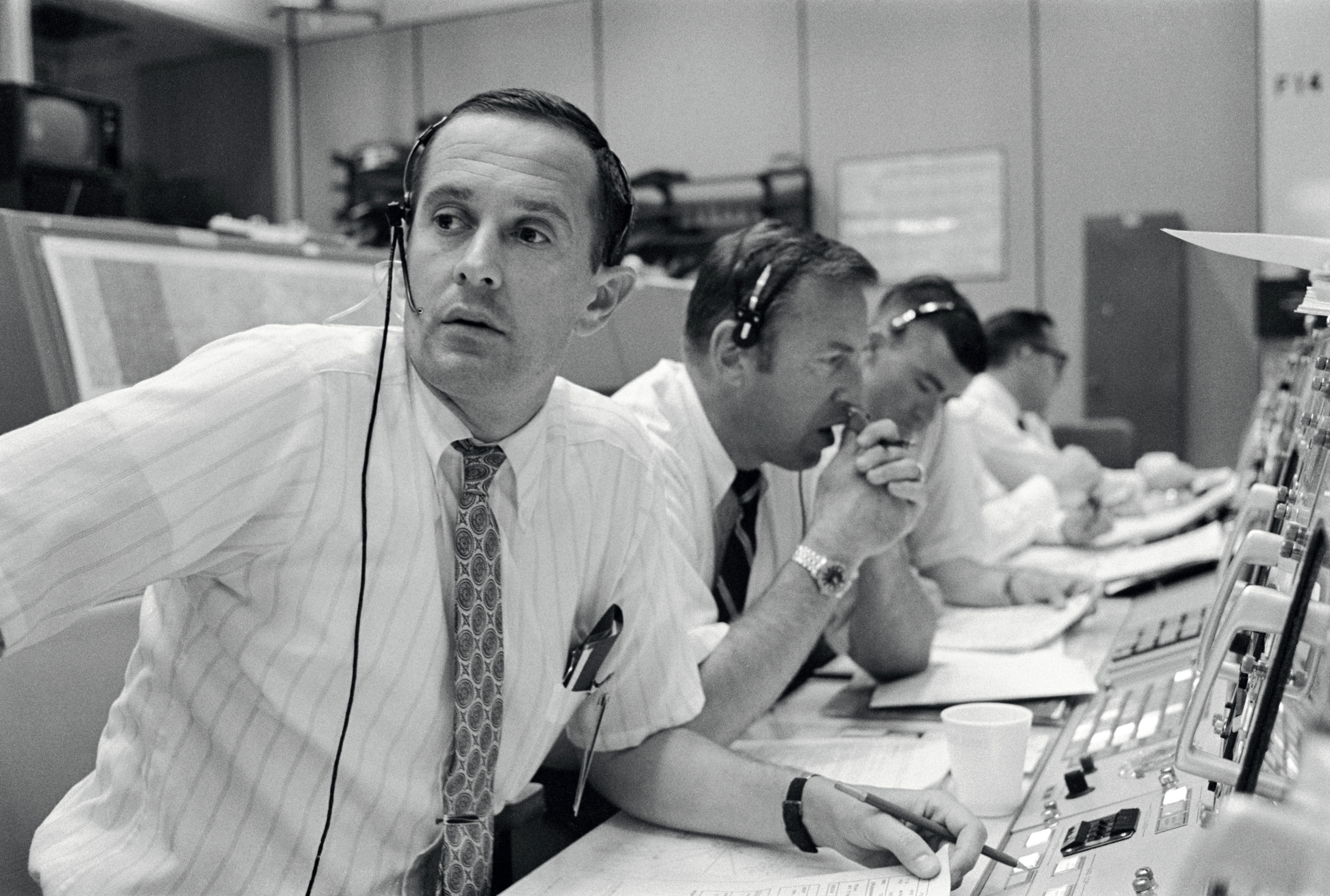 NASA astronauts keep contact with Apollo 11 at the Mission Control Center in Houston on July 20, 1969.